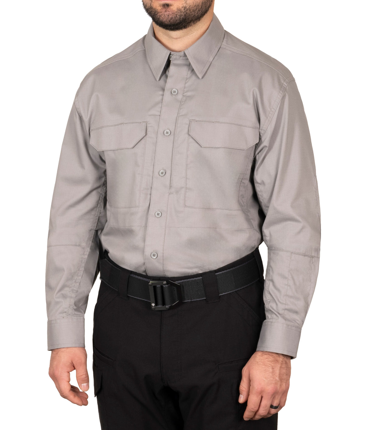 Front 1/4 of Men's V2 Tactical Shirt in Nickel Grey |color_nickel grey