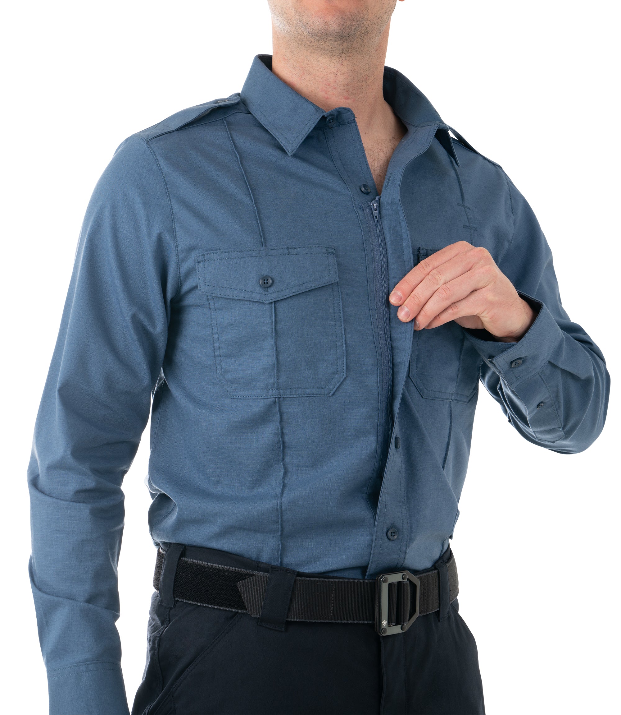 Zipper of Men's Pro Duty Uniform Shirt in French Blue |color_french blue