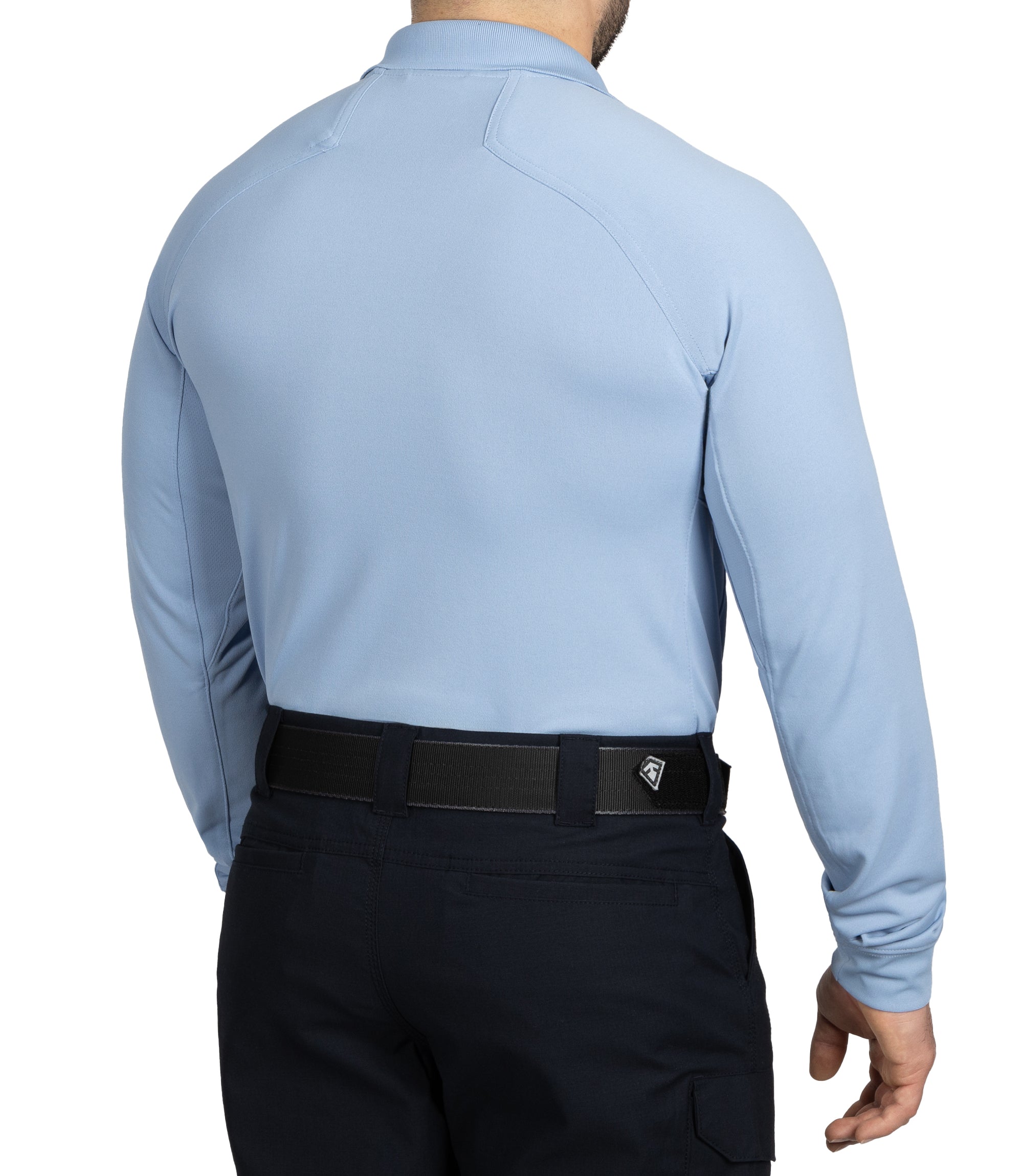 Side of Men's Performance Long Sleeve Polo in Medium Blue |color_medium blue