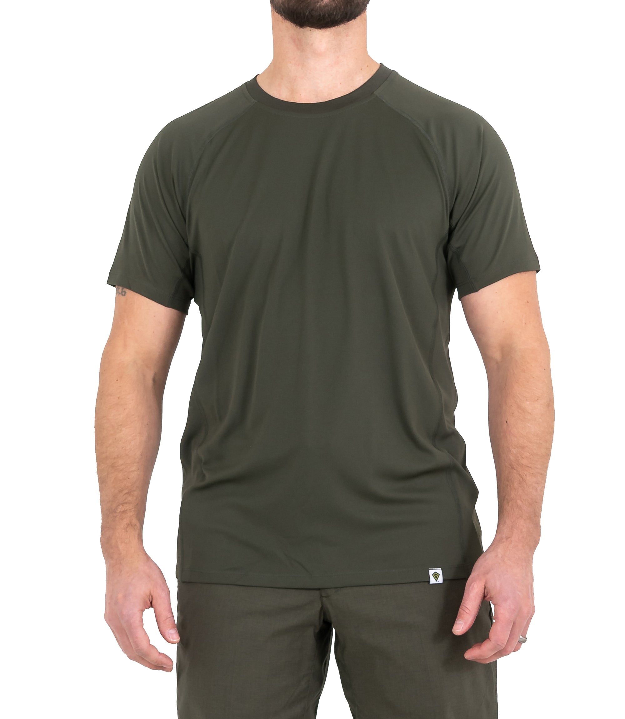 Untucked Front of Mens Performance Short Sleeve T-Shirt in OD Green |color_od green