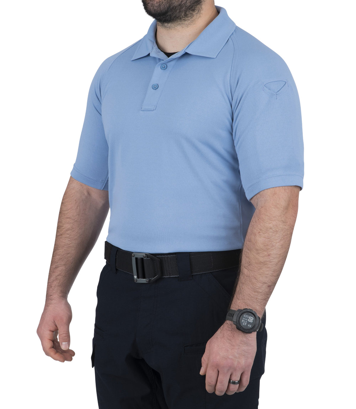Side View of Men's Performance Short Sleeve Polo in Medium Blue |color_medium blue