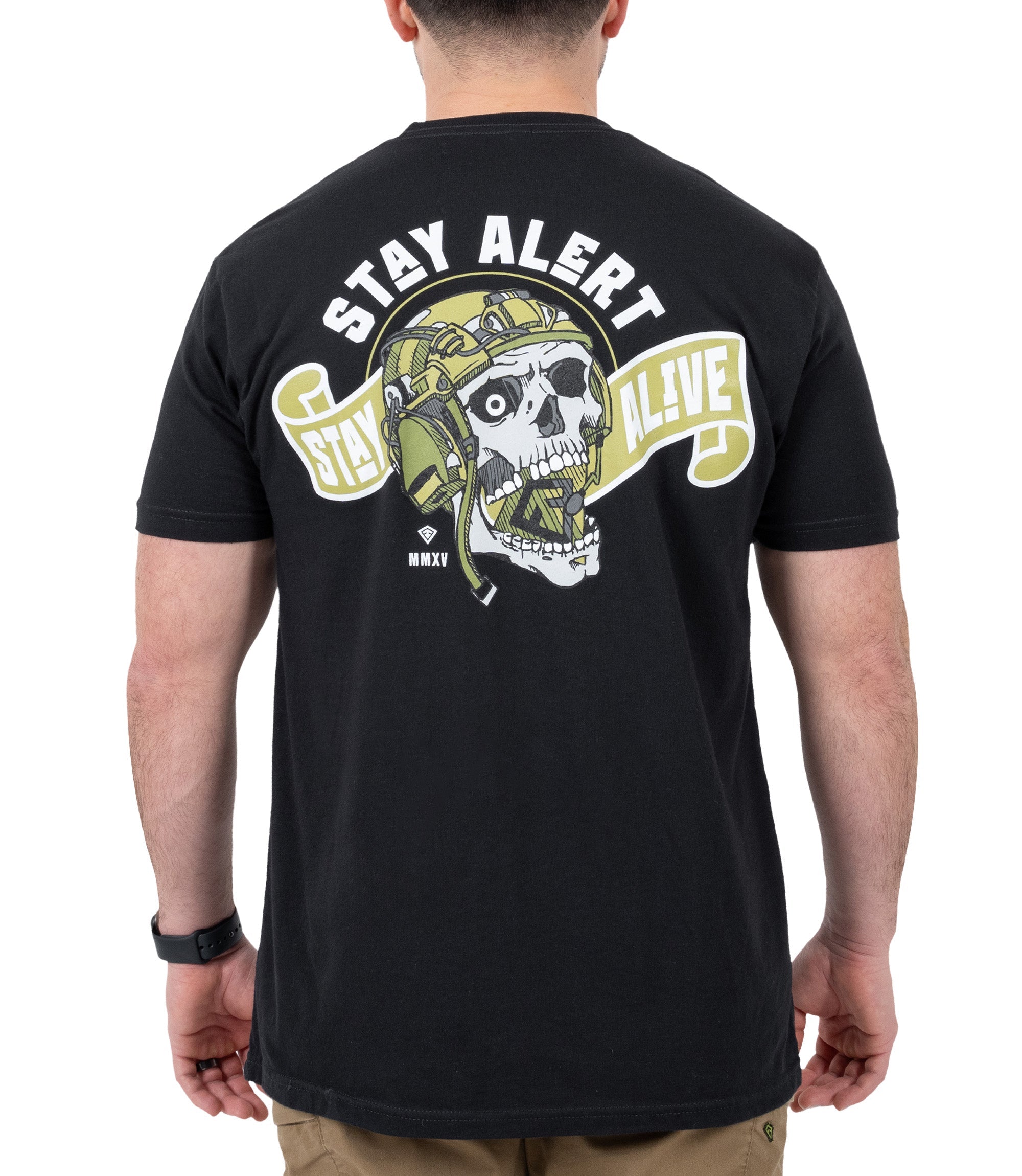 Back view of Stay Alert, Stay Alive t-shirt in color black|color_black