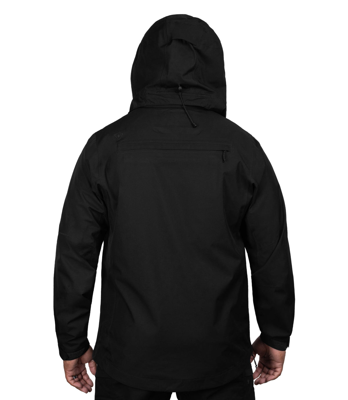 Back view hoodie up of the Monsoon Parka in color black |color_black