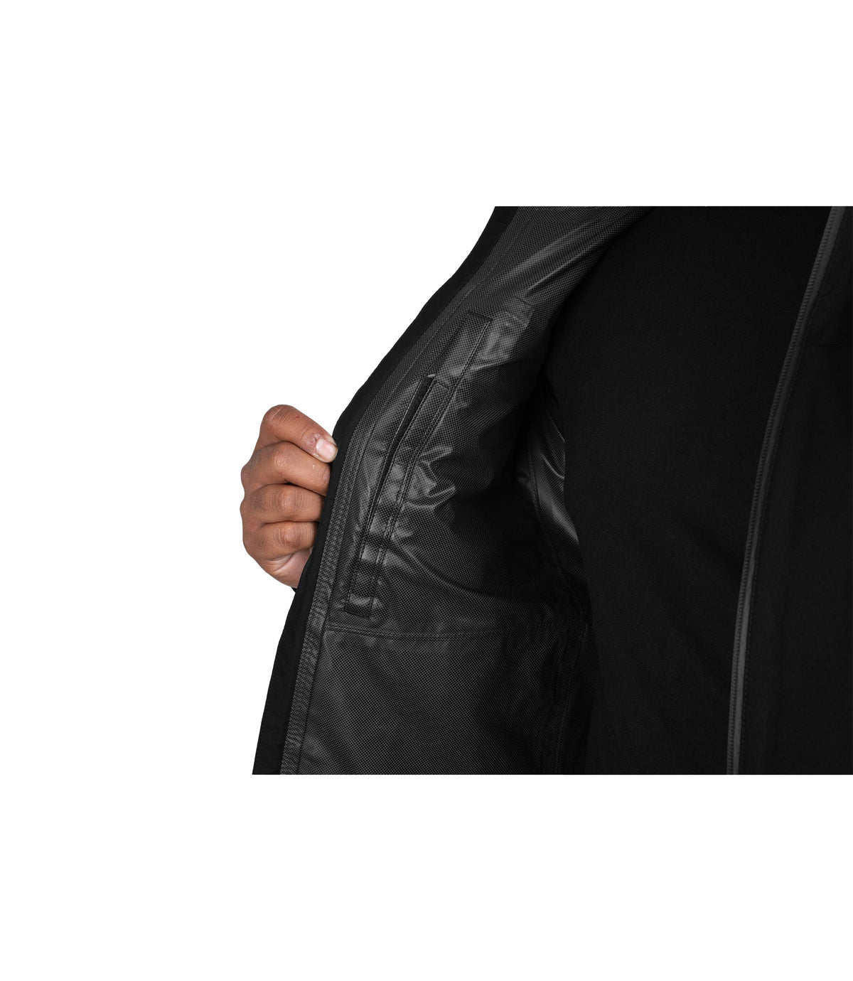 Interior chest pocket with hook and loop closure view of the Monsoon Parka in color black |color_black
