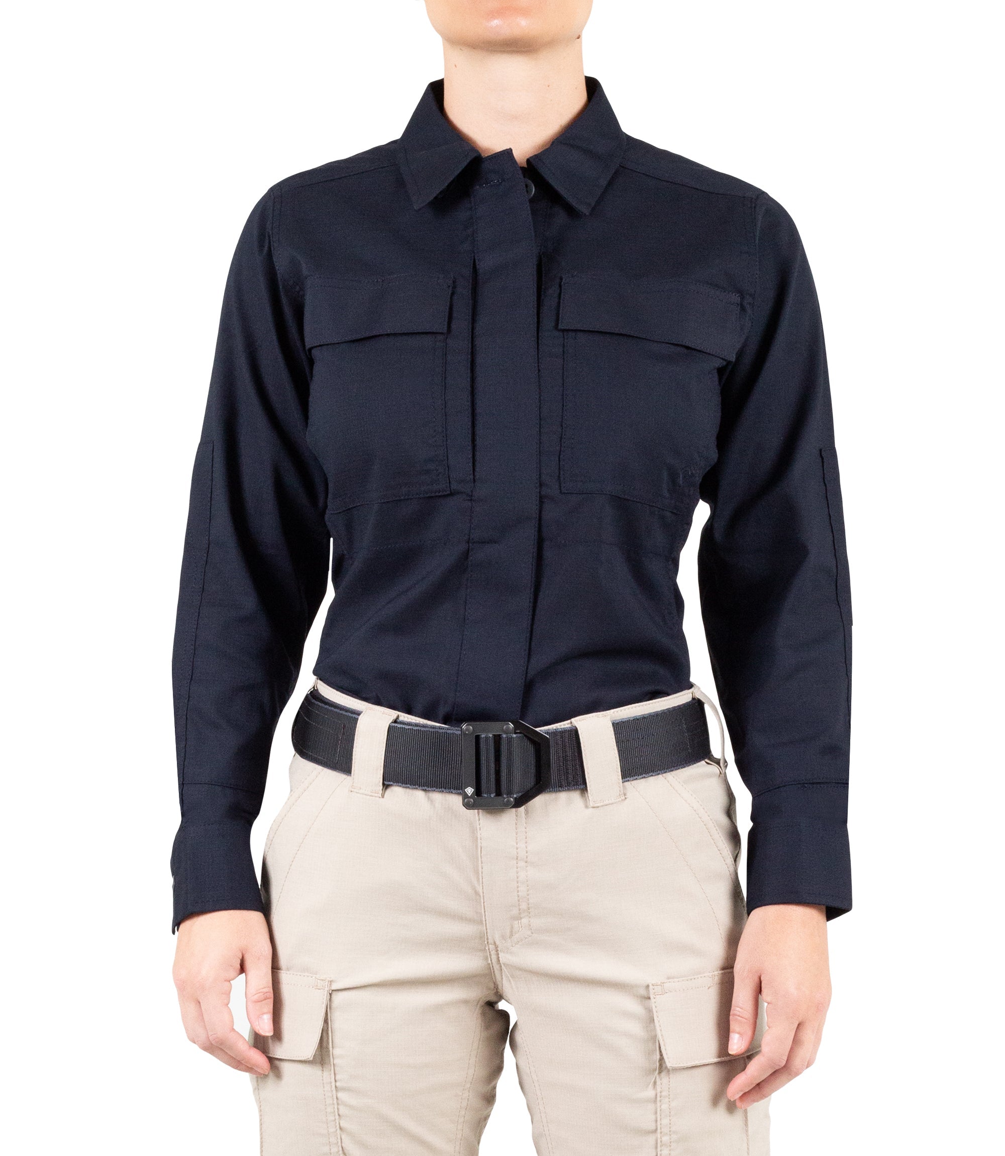 Front of Women's V2 BDU Long Sleeve Shirt in Midnight Navy |color_midnight navy