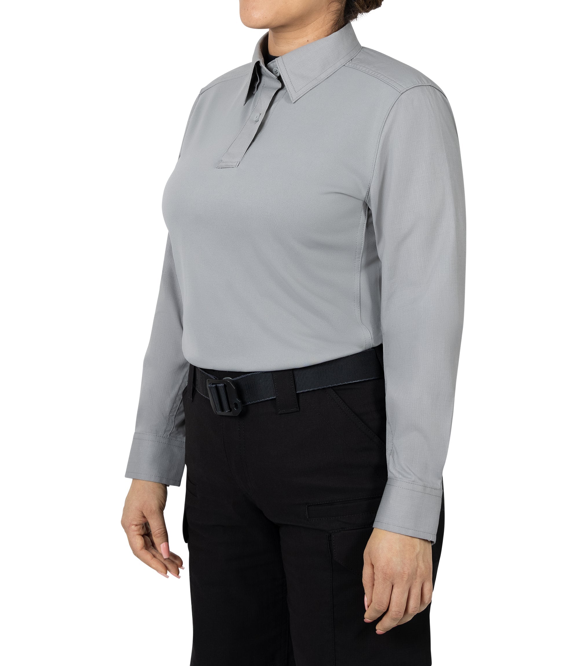Side of Women's V2 Pro Performance Shirt in nickel grey |color_nickel grey