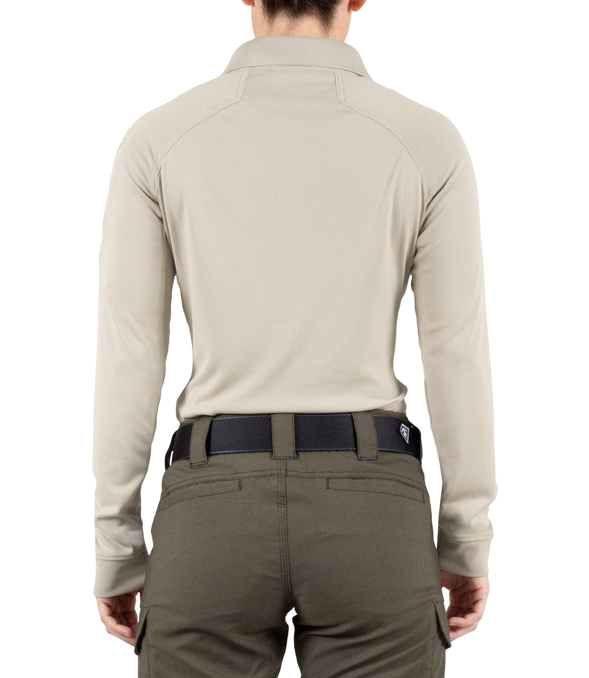 Back of Women's Performance Long Sleeve Polo in Silver Tan |color_silver tan