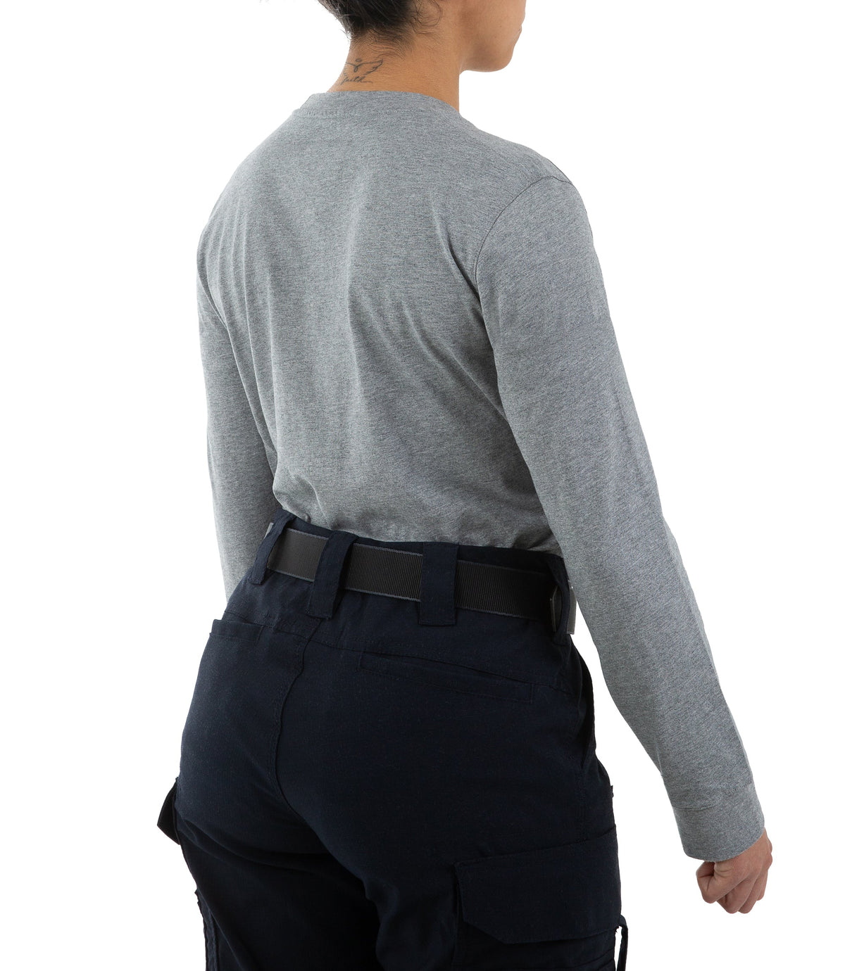 Right back side view of Women's Tactix Cotton Long Sleeve T-Shirt in Heather Grey |color_heather grey