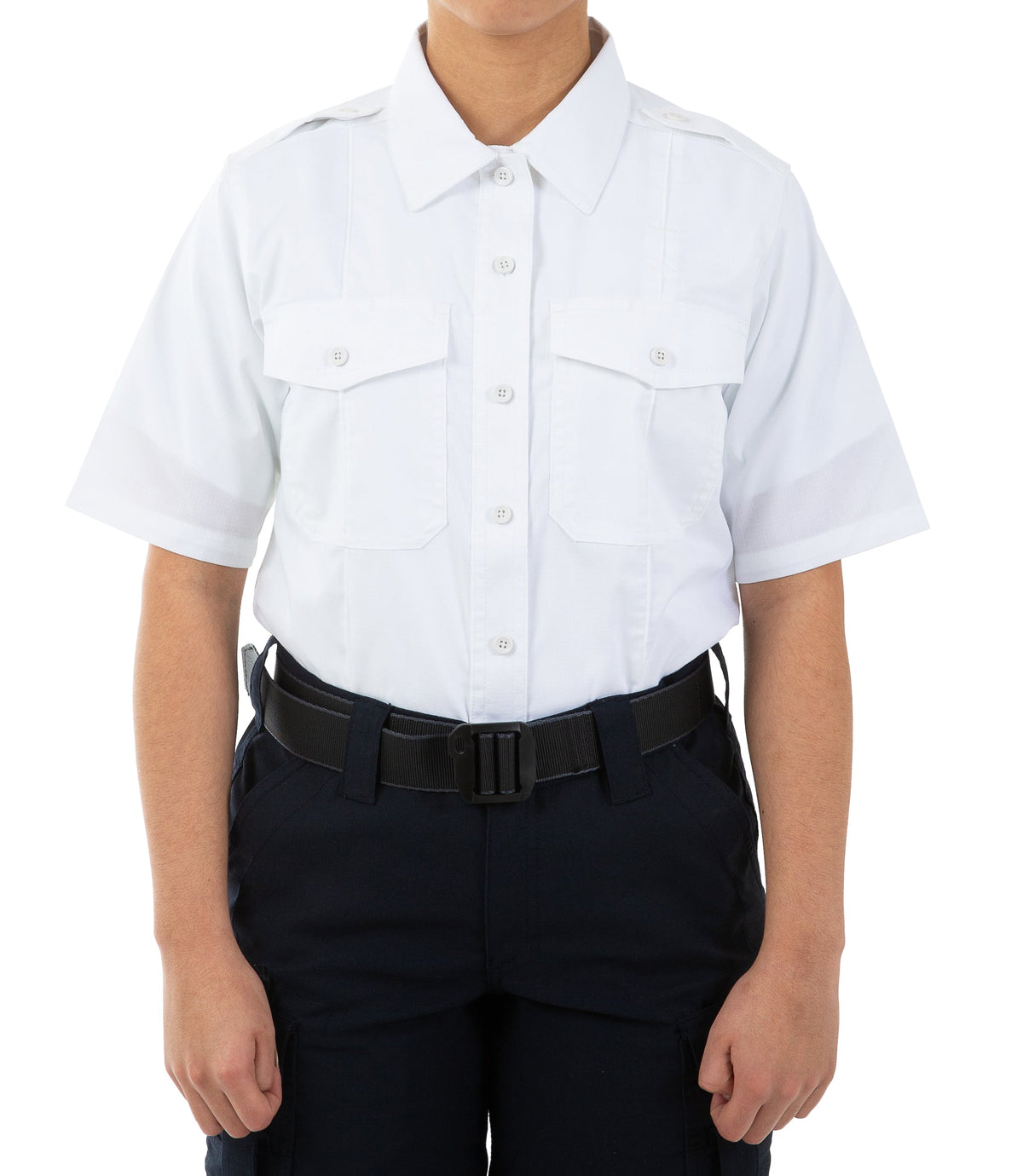 Front of Women's Pro Duty Uniform Short Sleeve Shirt in White |color_white