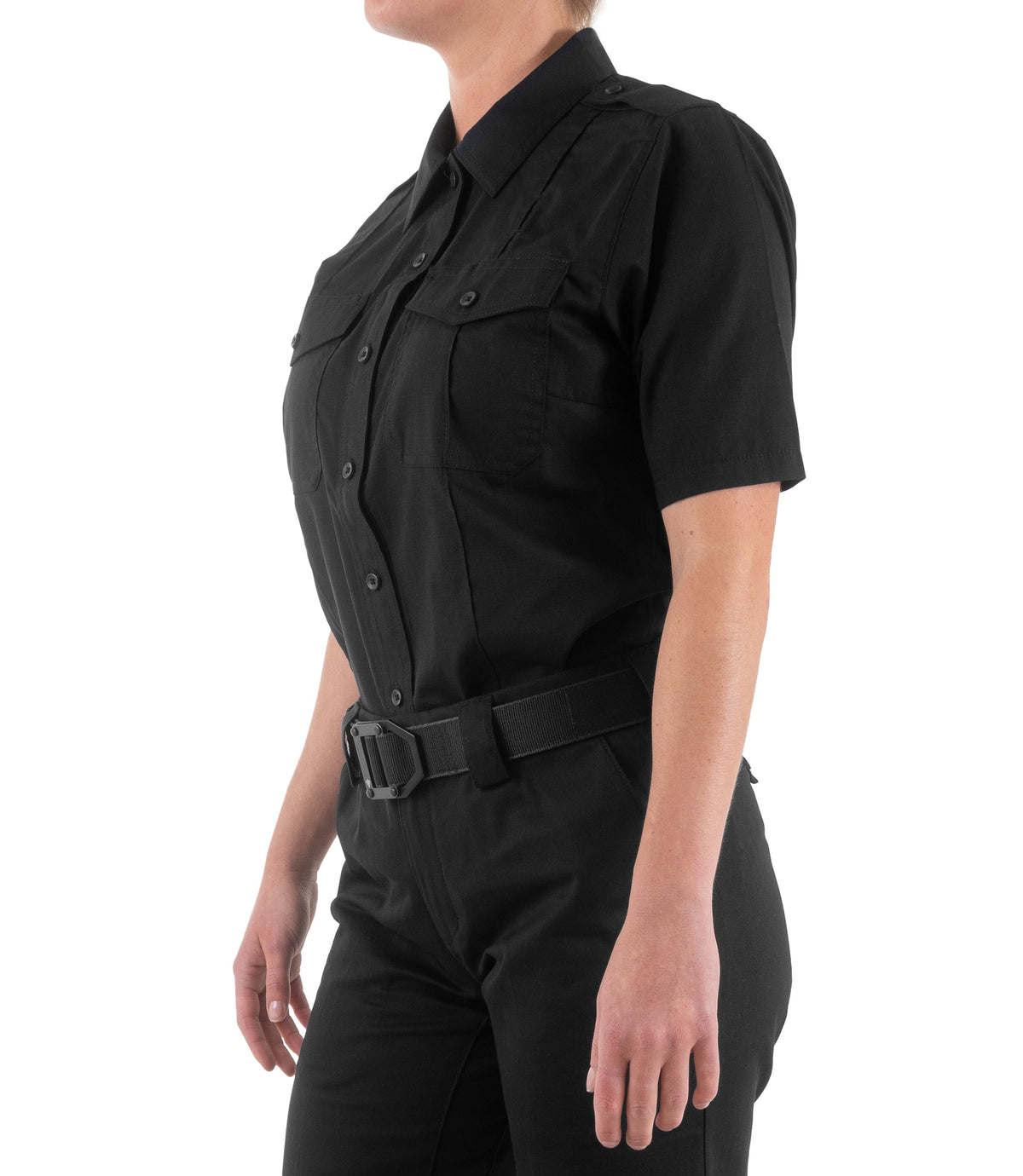 Side of Women's Pro Duty Uniform Short Sleeve Shirt in Black |color_black
