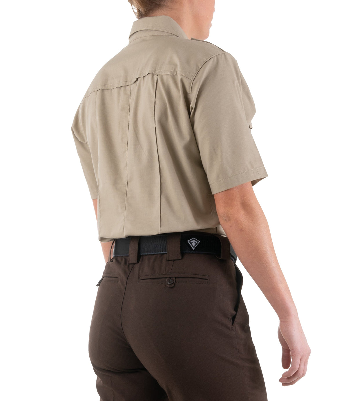 Side of Women's Pro Duty Uniform Short Sleeve Shirt in Silver Tan |color_silver tan