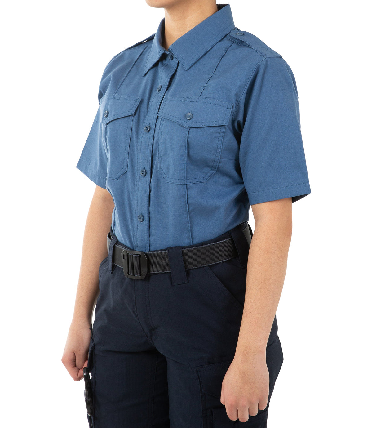 Side of Women's Pro Duty Uniform Short Sleeve Shirt in French Blue |color_french blue