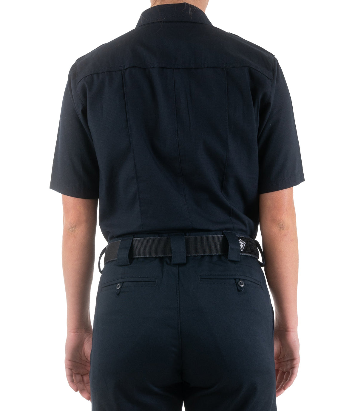 Back of Women's Pro Duty Uniform Short Sleeve Shirt in Midnight Navy |color_midnight navy