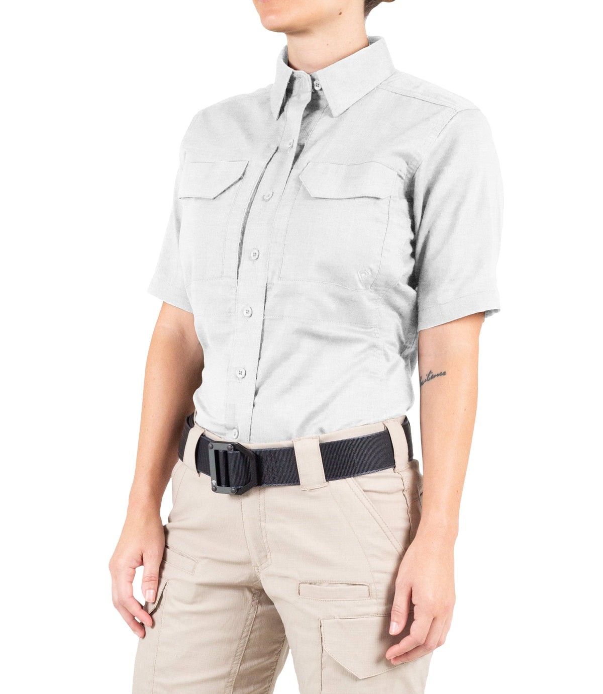 Side of Women's V2 Tactical Short Sleeve Shirt in White |color_white
