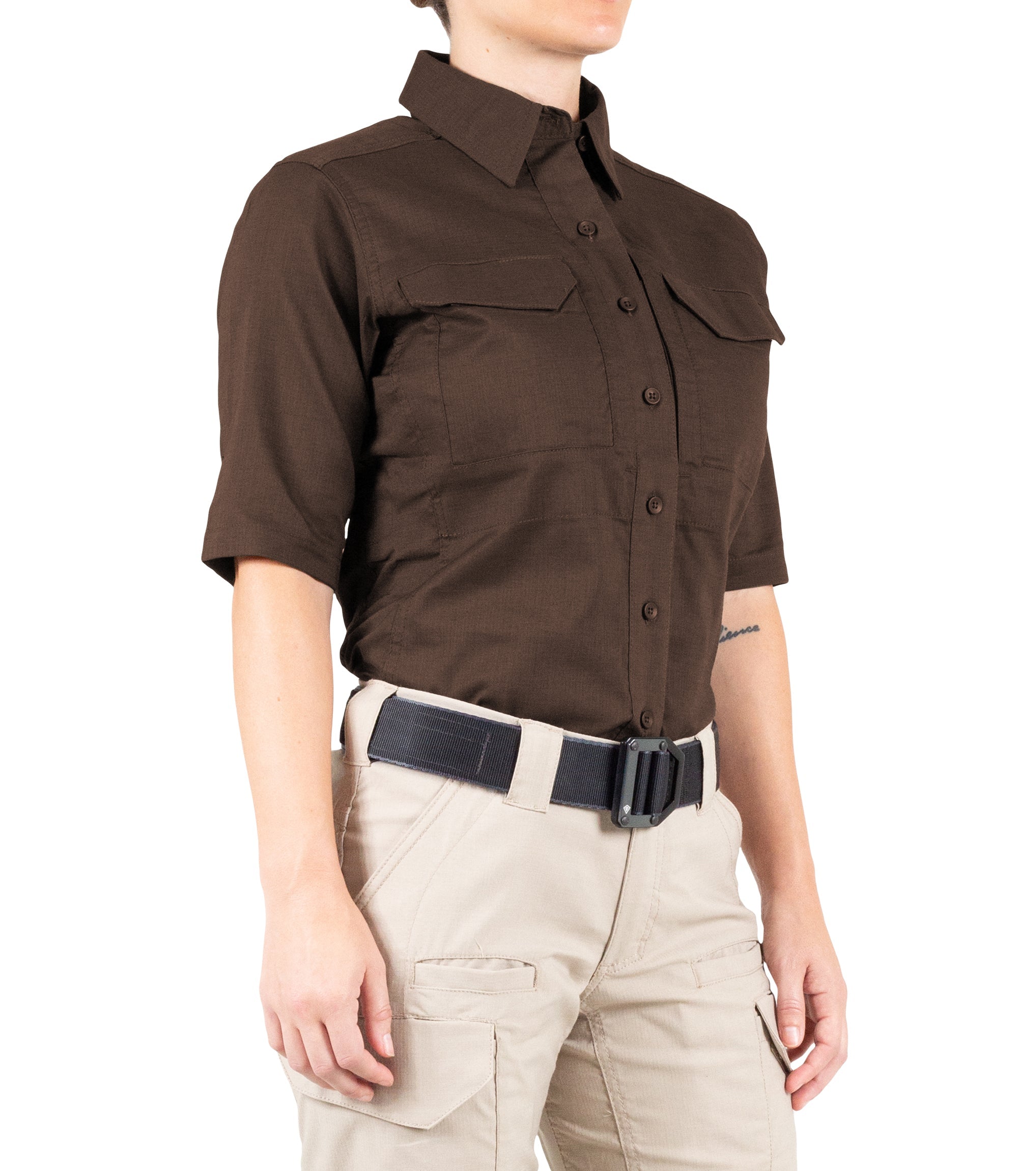 Side of Women's V2 Tactical Short Sleeve Shirt in Kodiak Brown|color_kodiak brown
