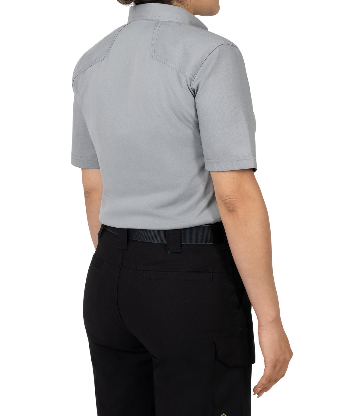 Back 1/4 side view of Women's V2 Pro Performance Short Sleeve Shirt in nickel grey|color_nickel grey