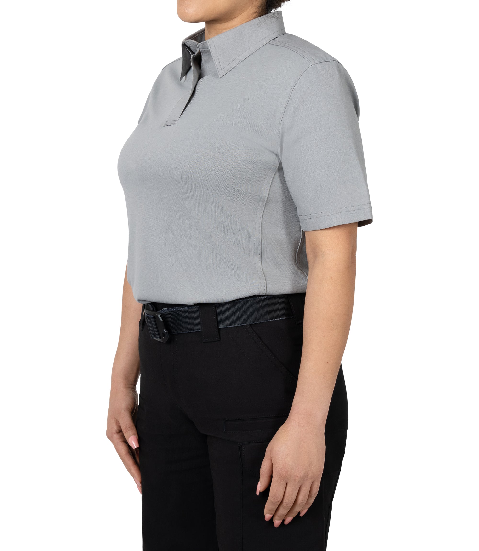 Front 1/4 side view of Women's V2 Pro Performance Short Sleeve Shirt in nickel grey |color_nickel grey