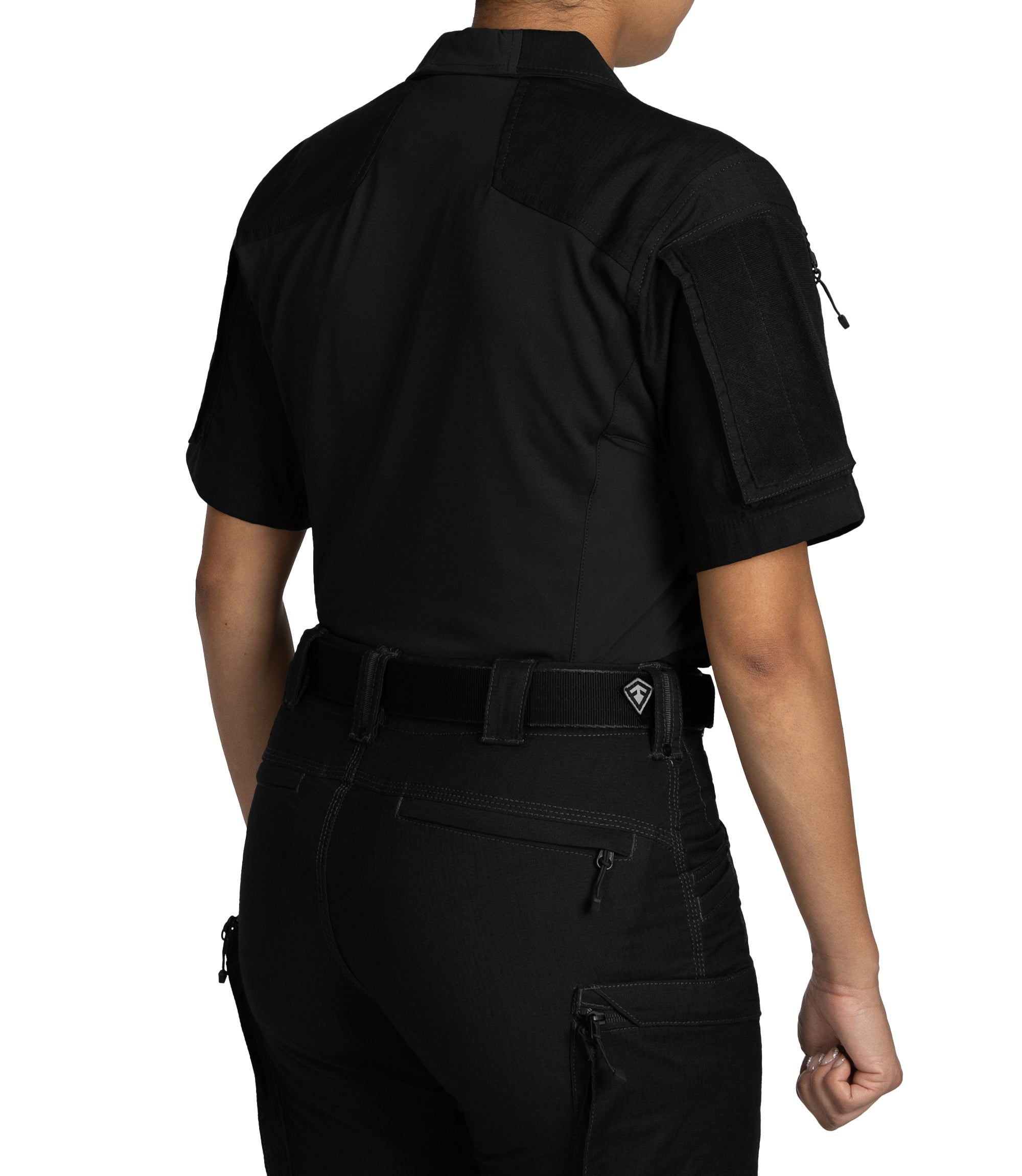 Back Side of Women's Defender Short Sleeve Shirt in Black |color_black