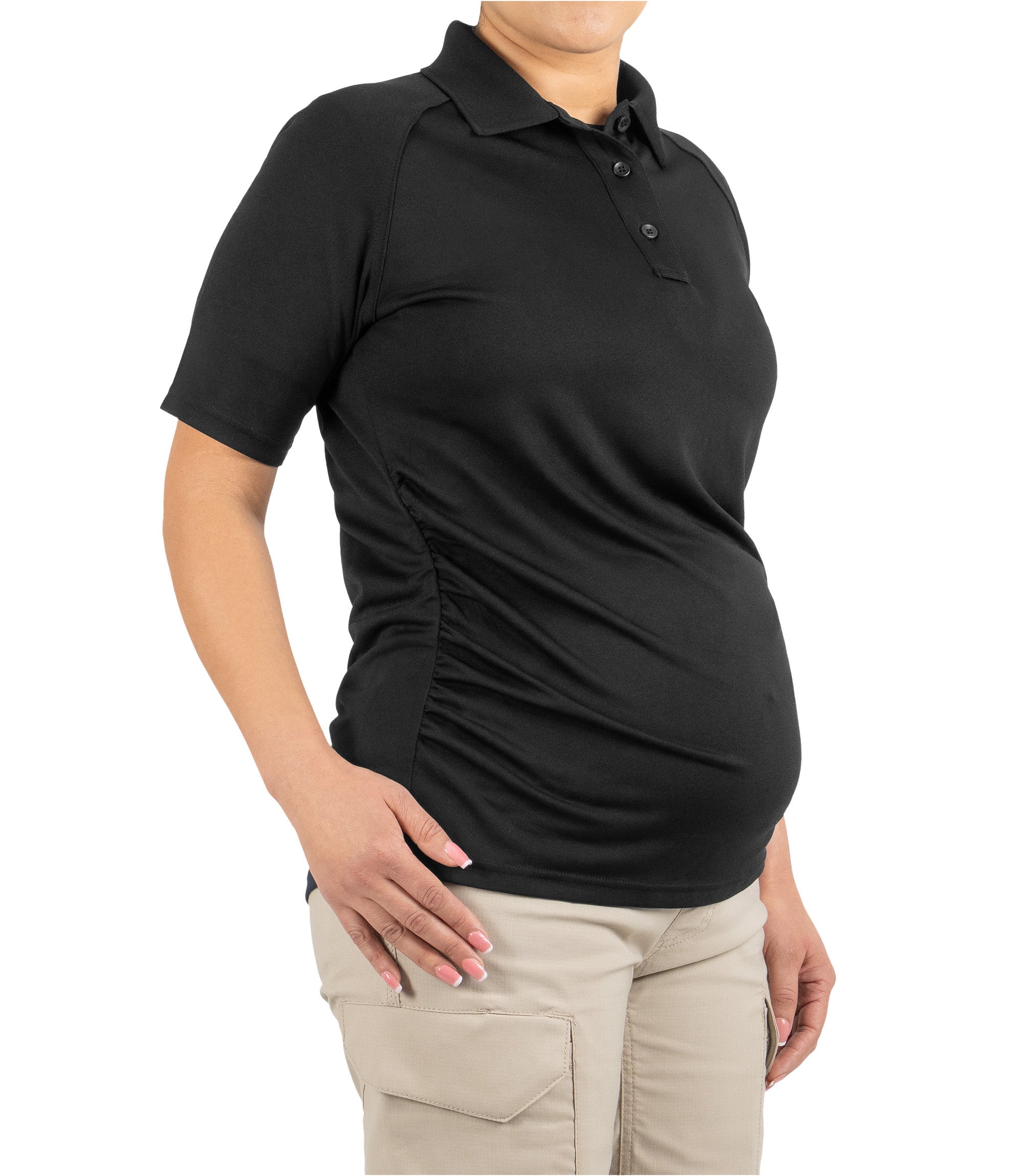Front 1/4 right side view of Women's Maternity Polo in Black|color_black