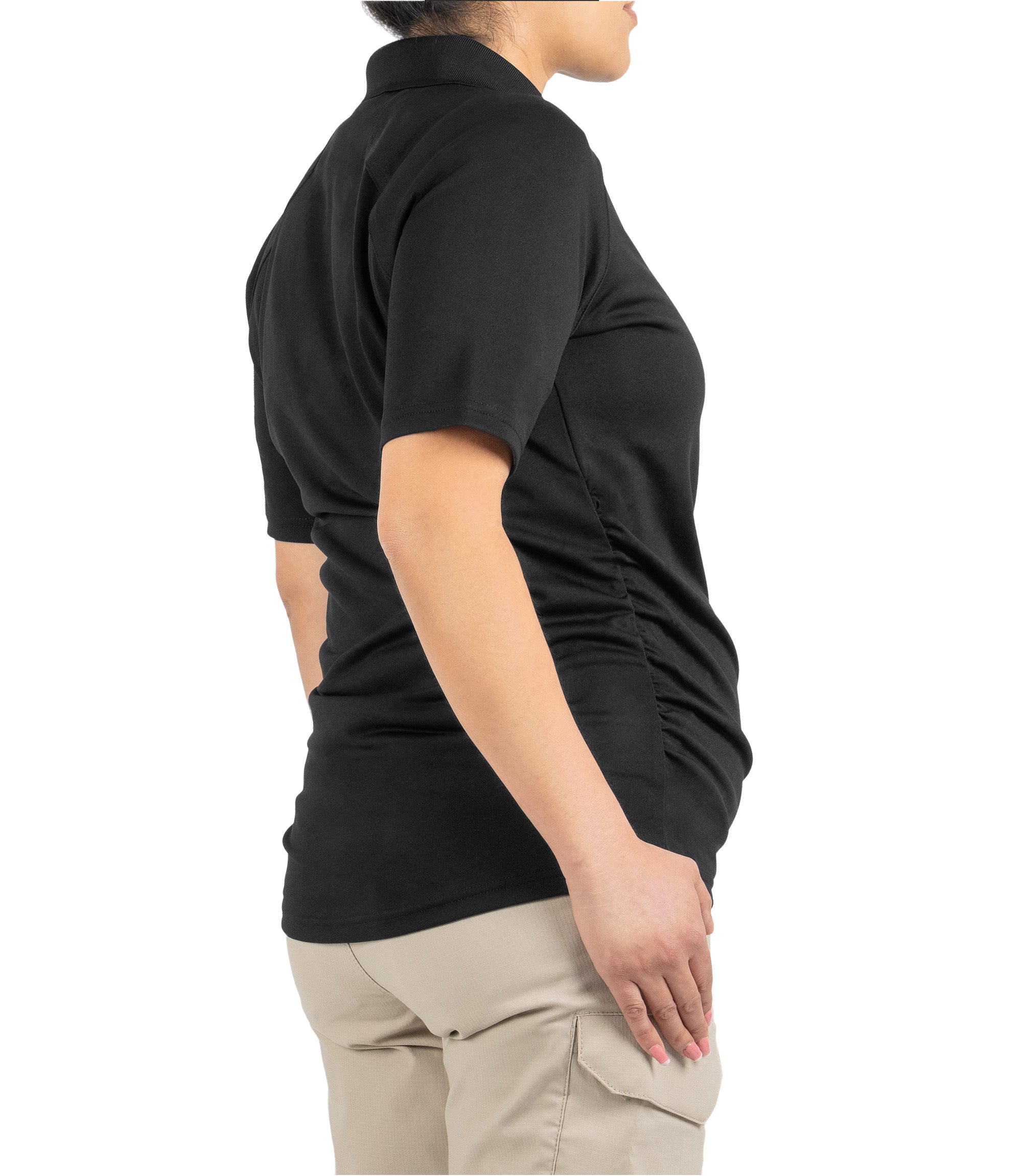 Back 1/4 right side view of Women's Maternity Polo in Black|color_black