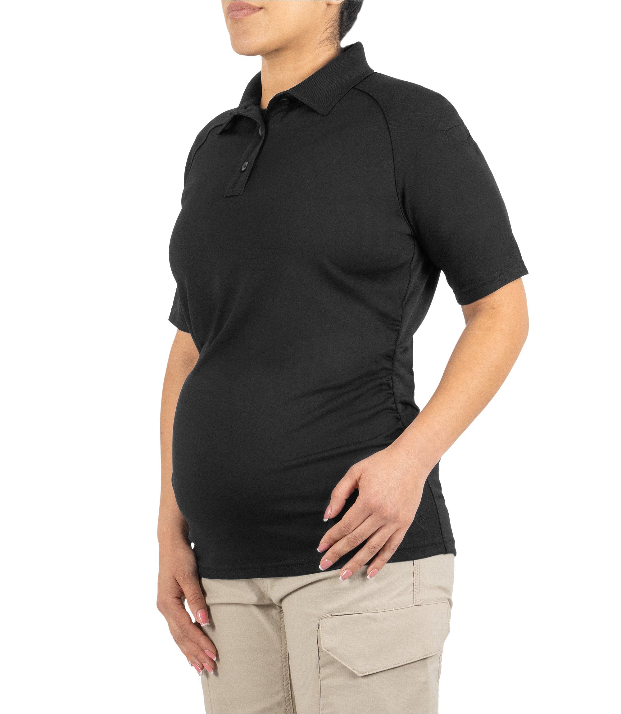 Front 1/4 left side view of Women's Maternity Polo in Black|color_black