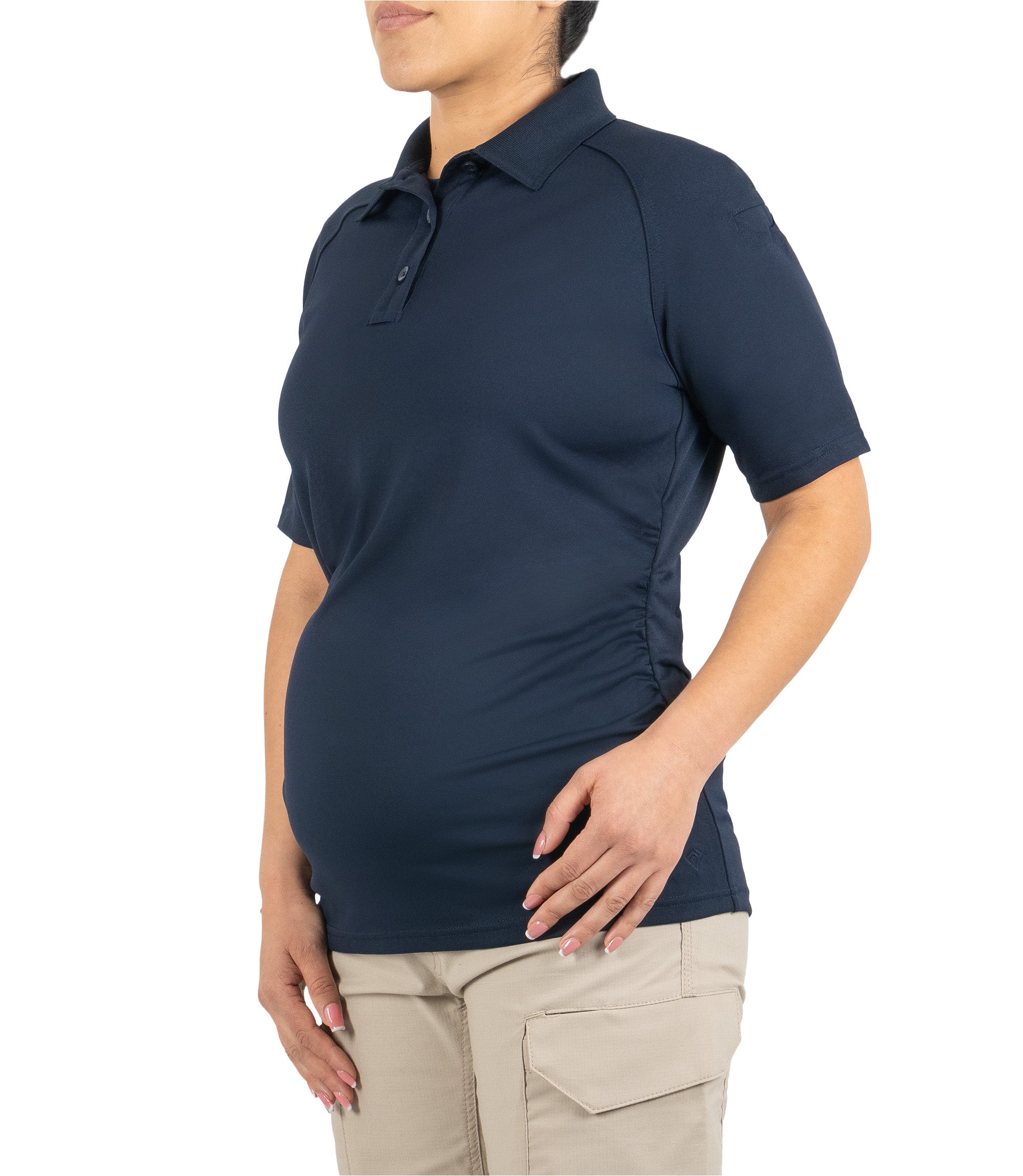 Front 1/4 left side view of Women's Maternity Polo in Midnight Navy|color_Midnight Navy