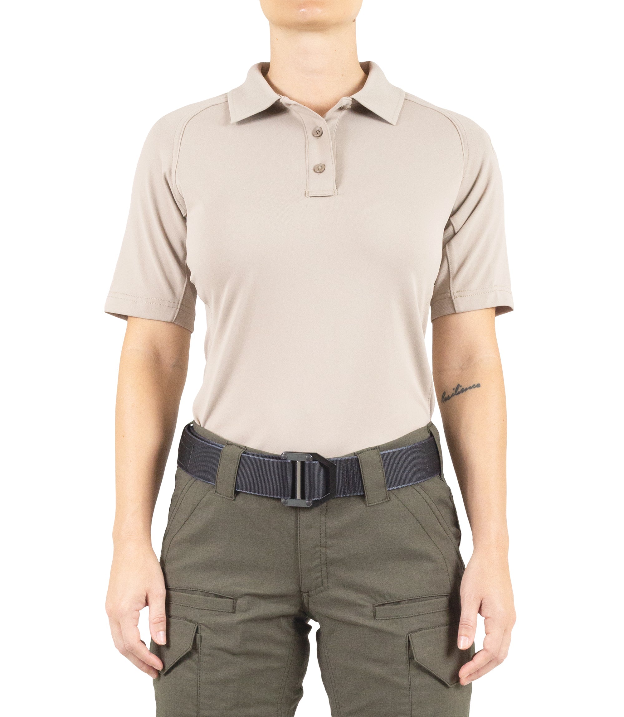 Front of Women's Performance Short Sleeve Polo in Khaki |color_khaki