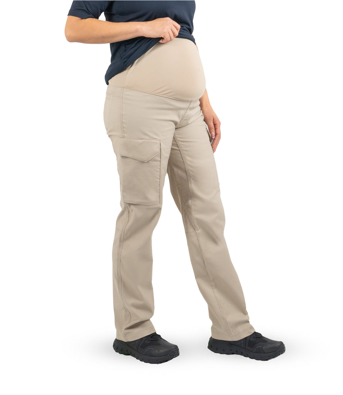 Front left 1/4 angle view of Women's V2 Tactical Maternity Pant in khaki |color_khaki