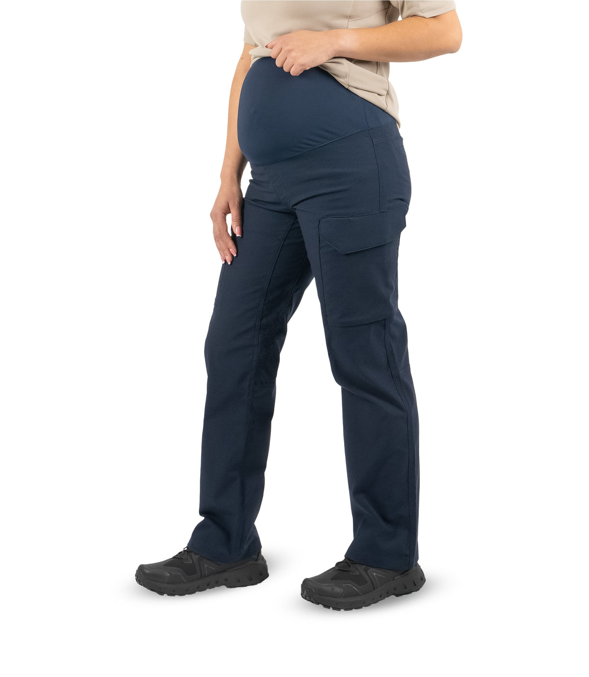 Front right 1/4 angle view of Women's V2 Tactical Maternity Pant in Midnight Navy |color_midnight navy