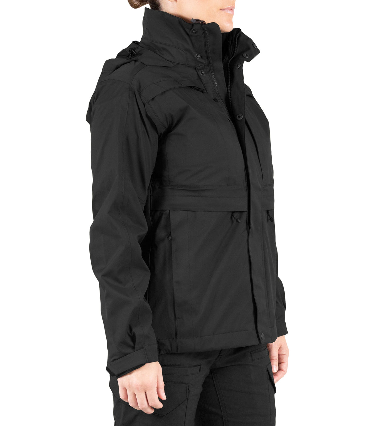 Right front side view of Womens Tactix 3-In-1 System Parka in Black|color_black