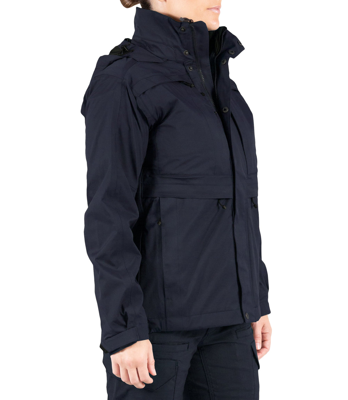Right front side view of Womens Tactix 3-In-1 System Parka in Midnight Navy|color_midnight navy