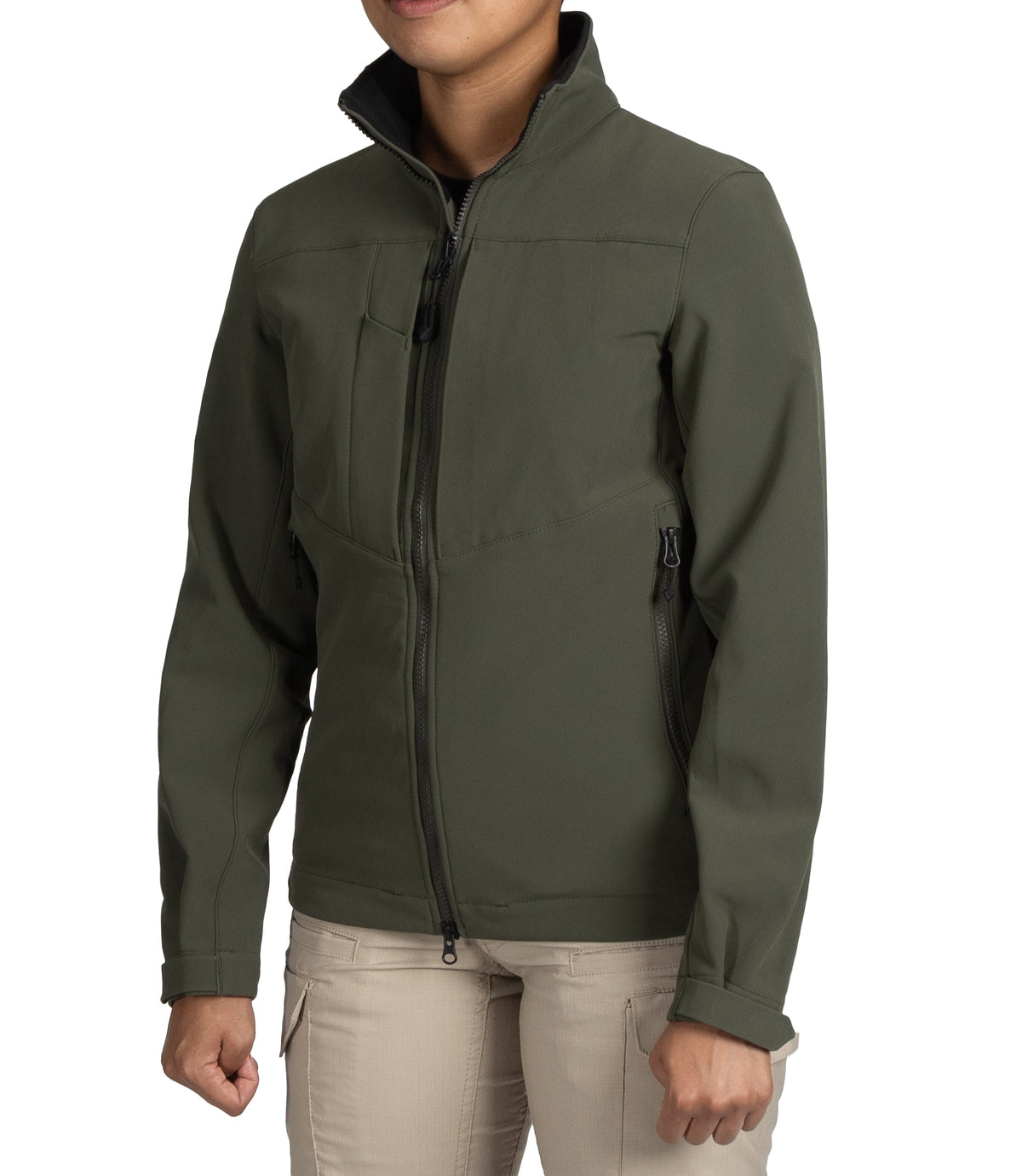 Left front side view of Womens Tactix Softshell Jacket in OD Green|color_od green