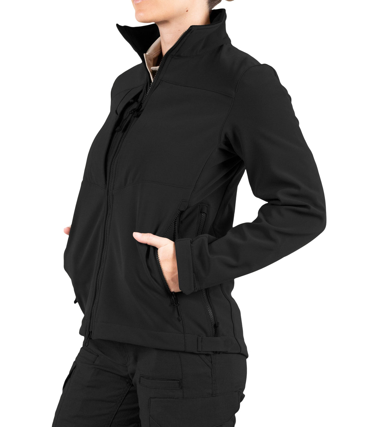 Left front side view with hand in pocket of Womens Tactix Softshell Jacket in Black|color_black