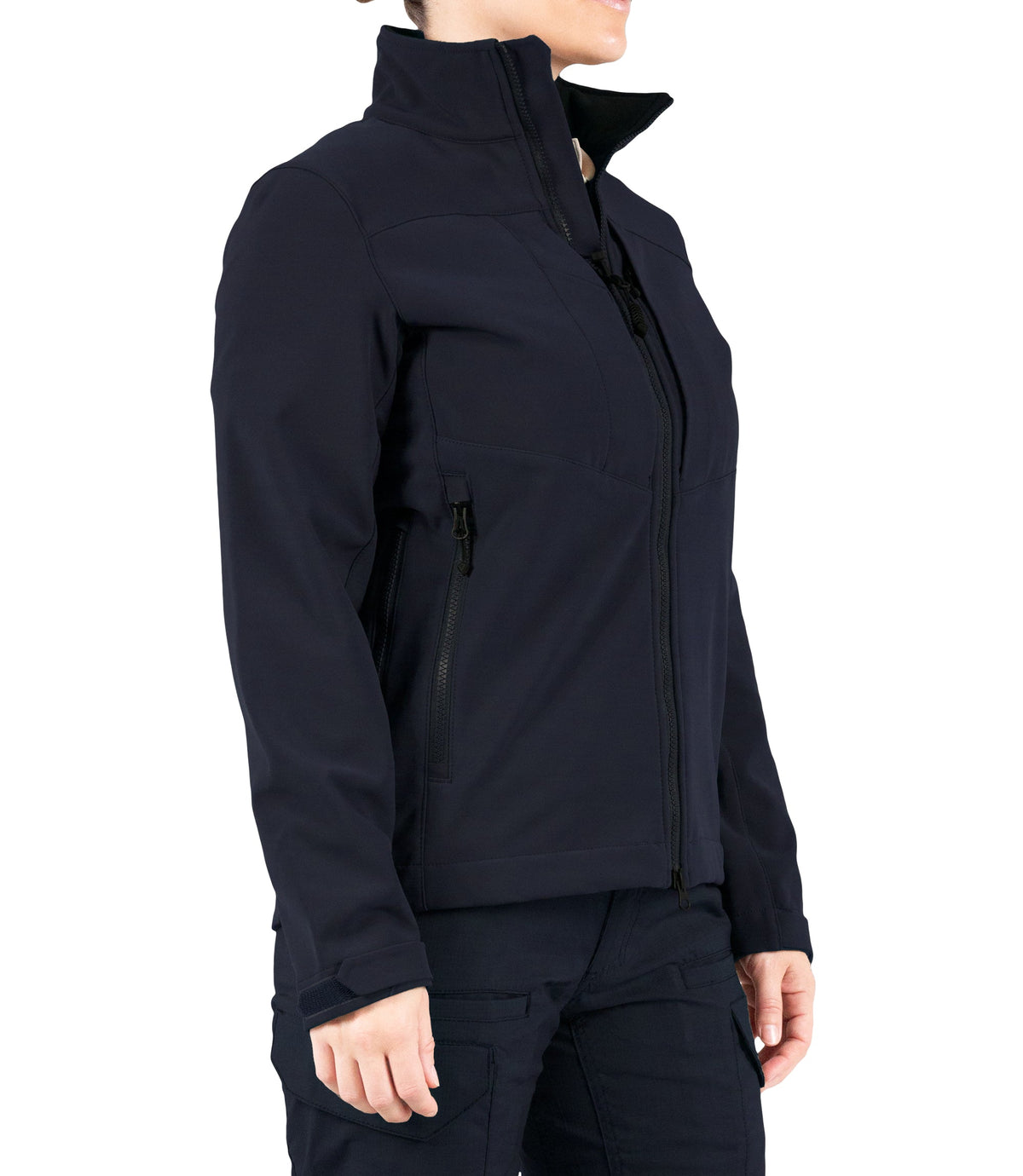 Right front side view of Womens Tactix Softshell Jacket in Midnight Navy|color_midnight navy