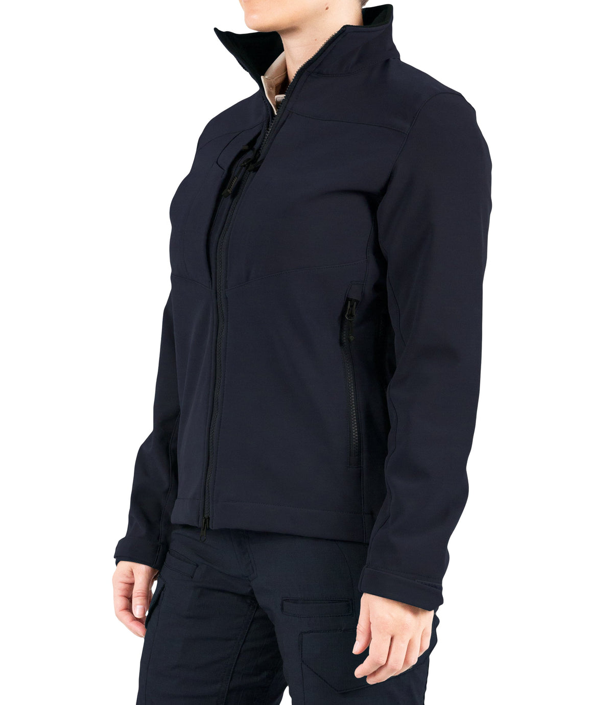 Left front side view of Womens Tactix Softshell Jacket in Midnight Navy|color_midnight navy