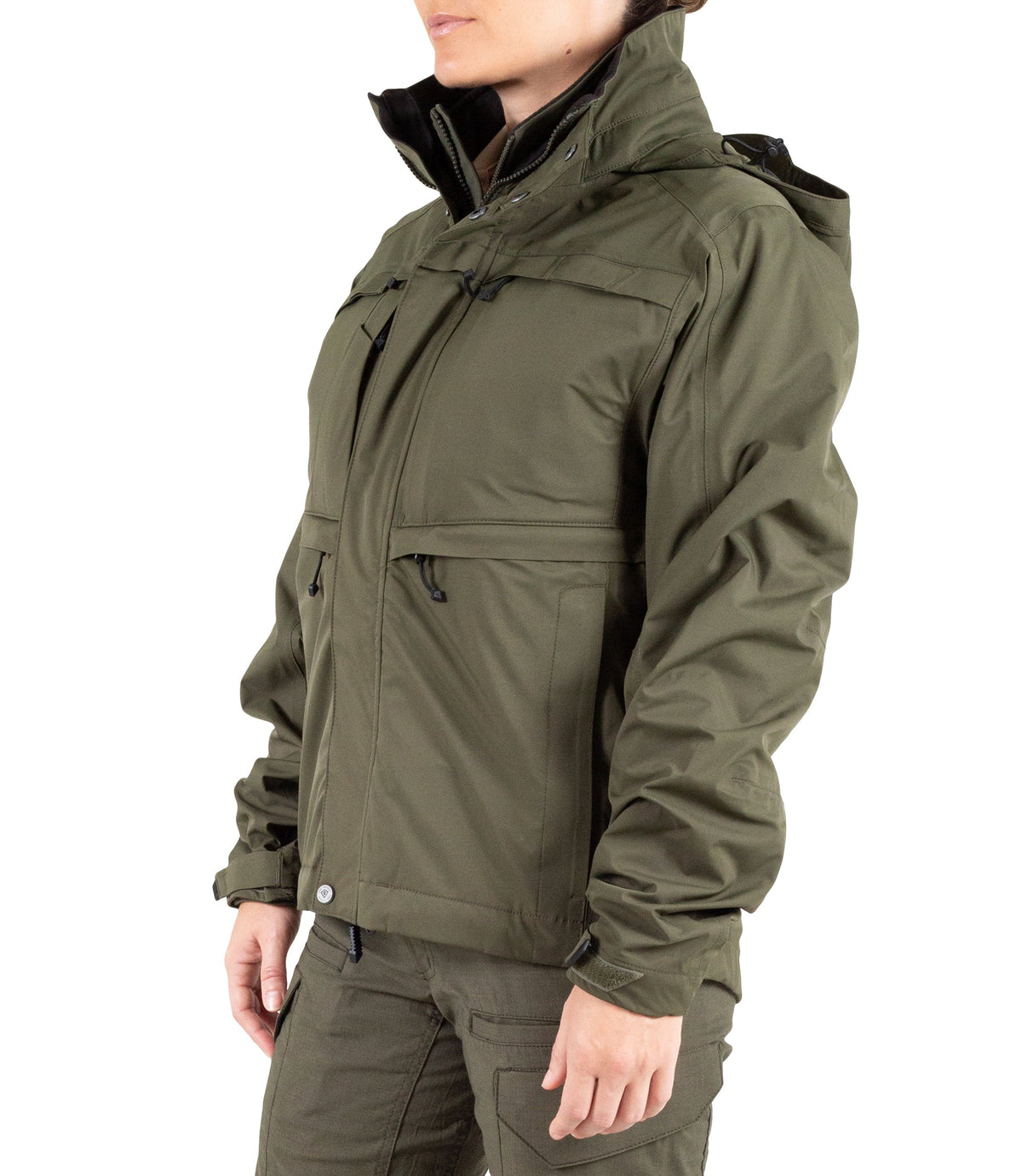 Left front side view of Womens Tactix 3-In-1 System Jacket in OD Green|color_od green