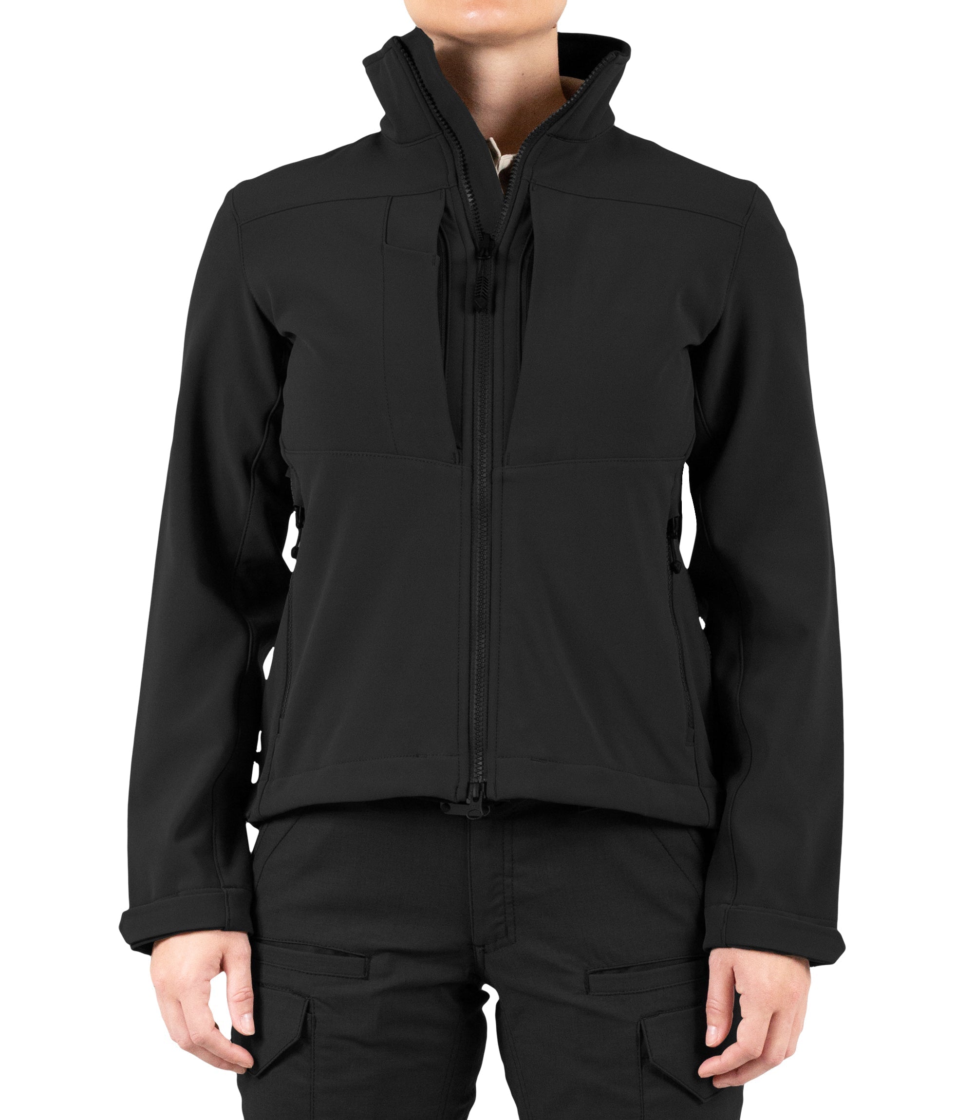 Front view of Womens Tactix Softshell Jacket in Black|color_black