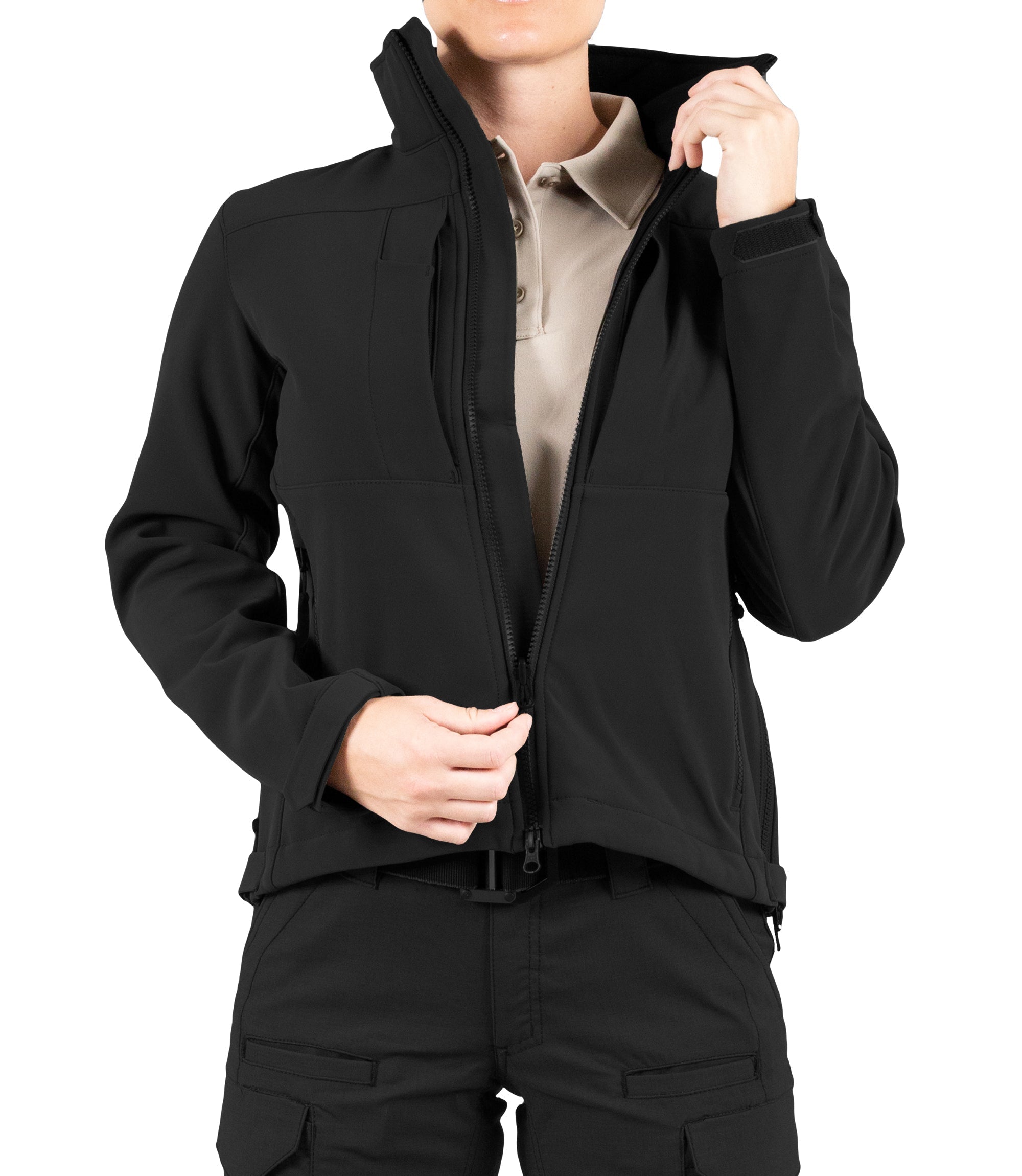 Front of Womens Tactix Softshell Jacket in Black Unzipped|color_black