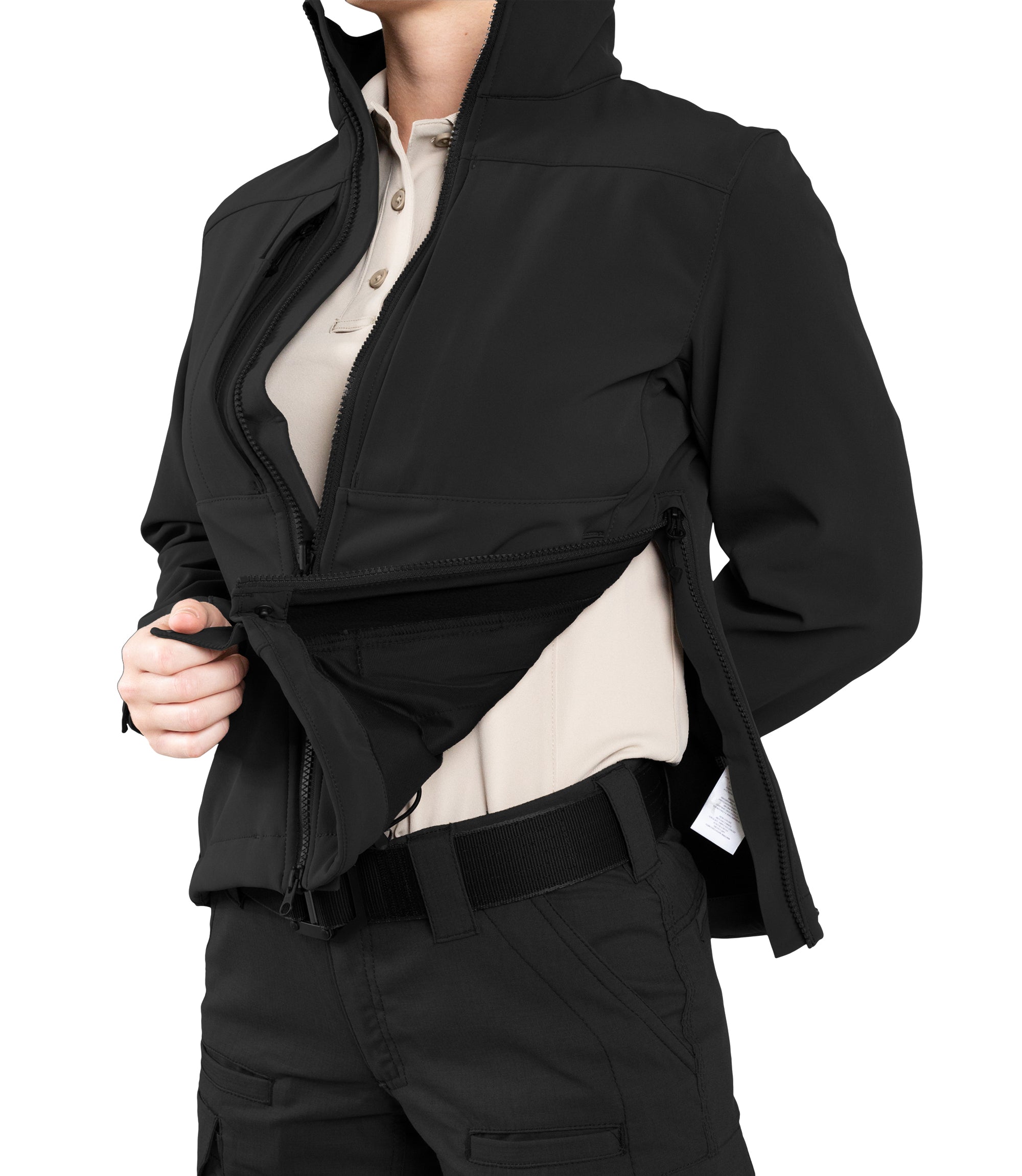 Side Zip of Womens Tactix Softshell Jacket in Black|color_black