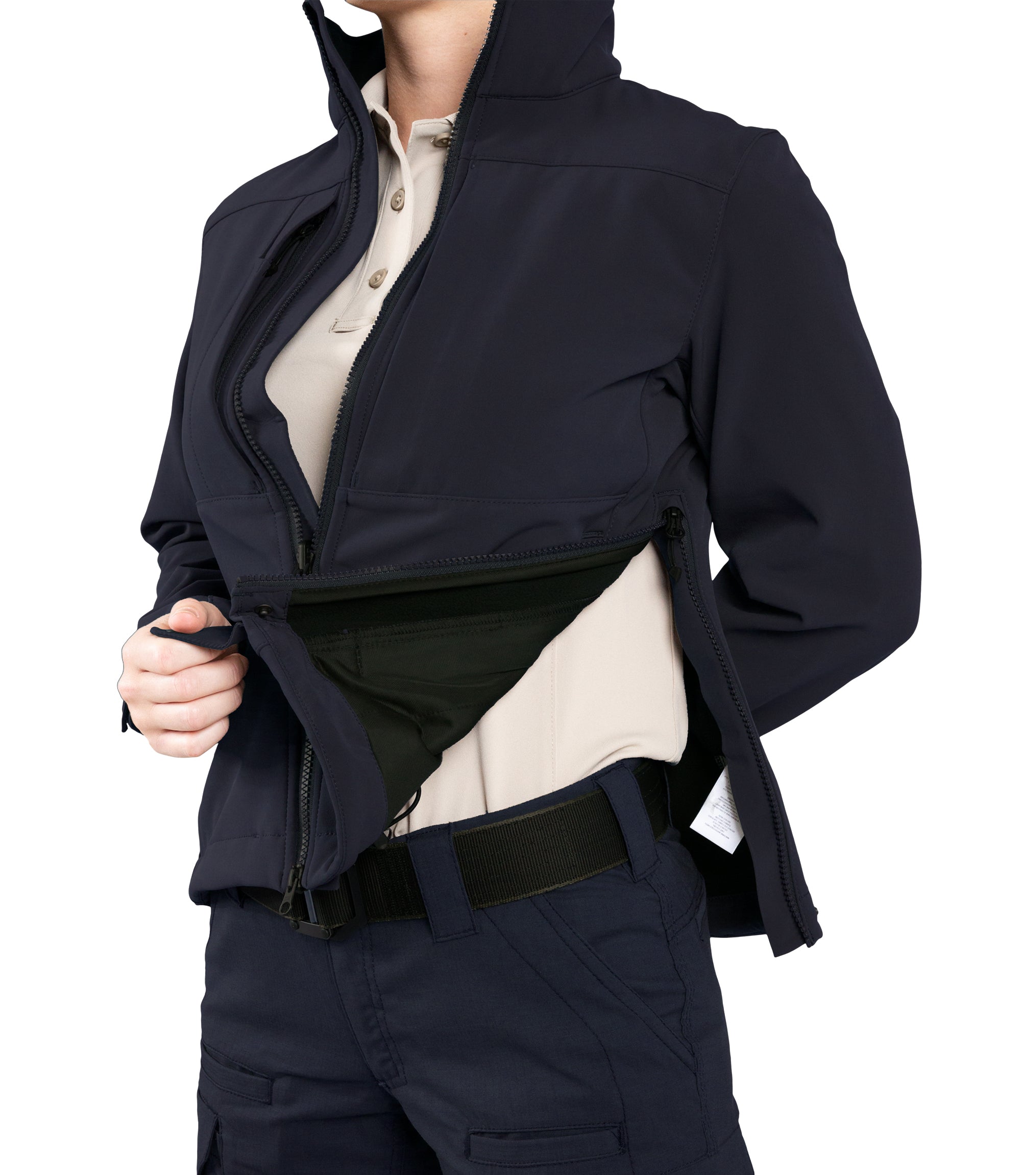 Side Zipper of Womens Tactix Softshell Jacket in Midnight Navy|color_midnight navy