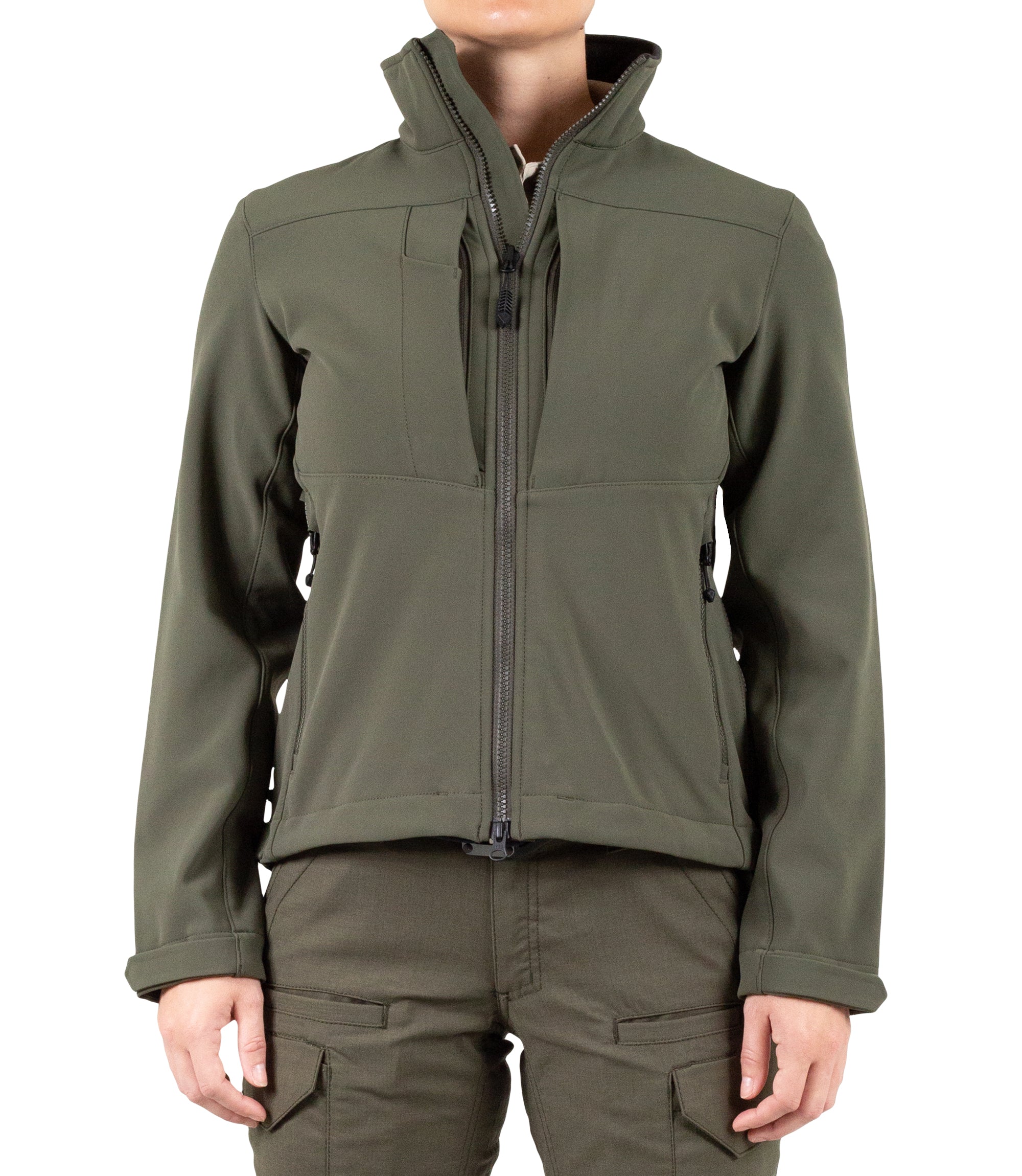 Front of Womens Tactix Softshell Jacket in OD Green|color_od green