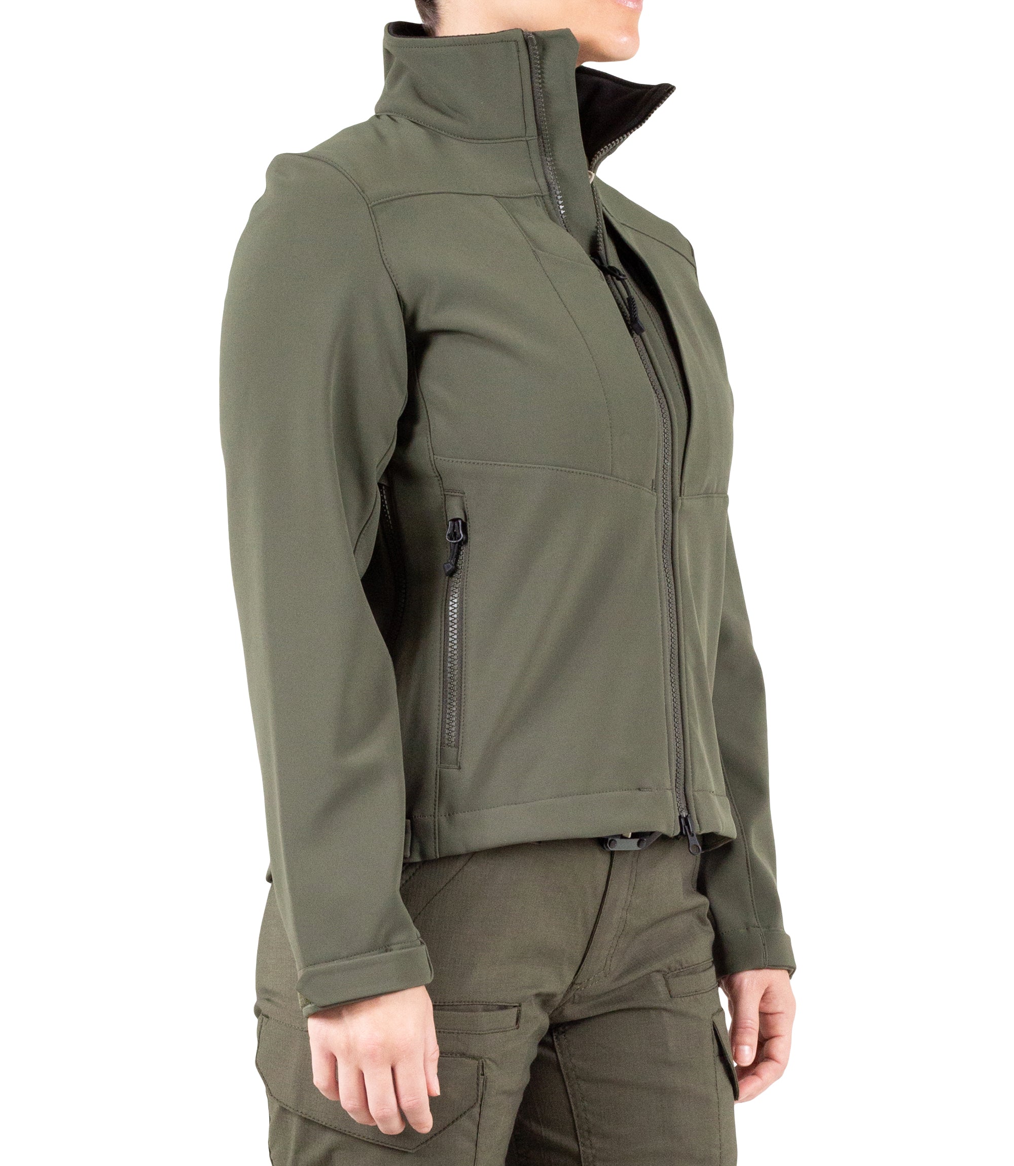 Right front side view of Womens Tactix Softshell Jacket in OD Green|color_od green