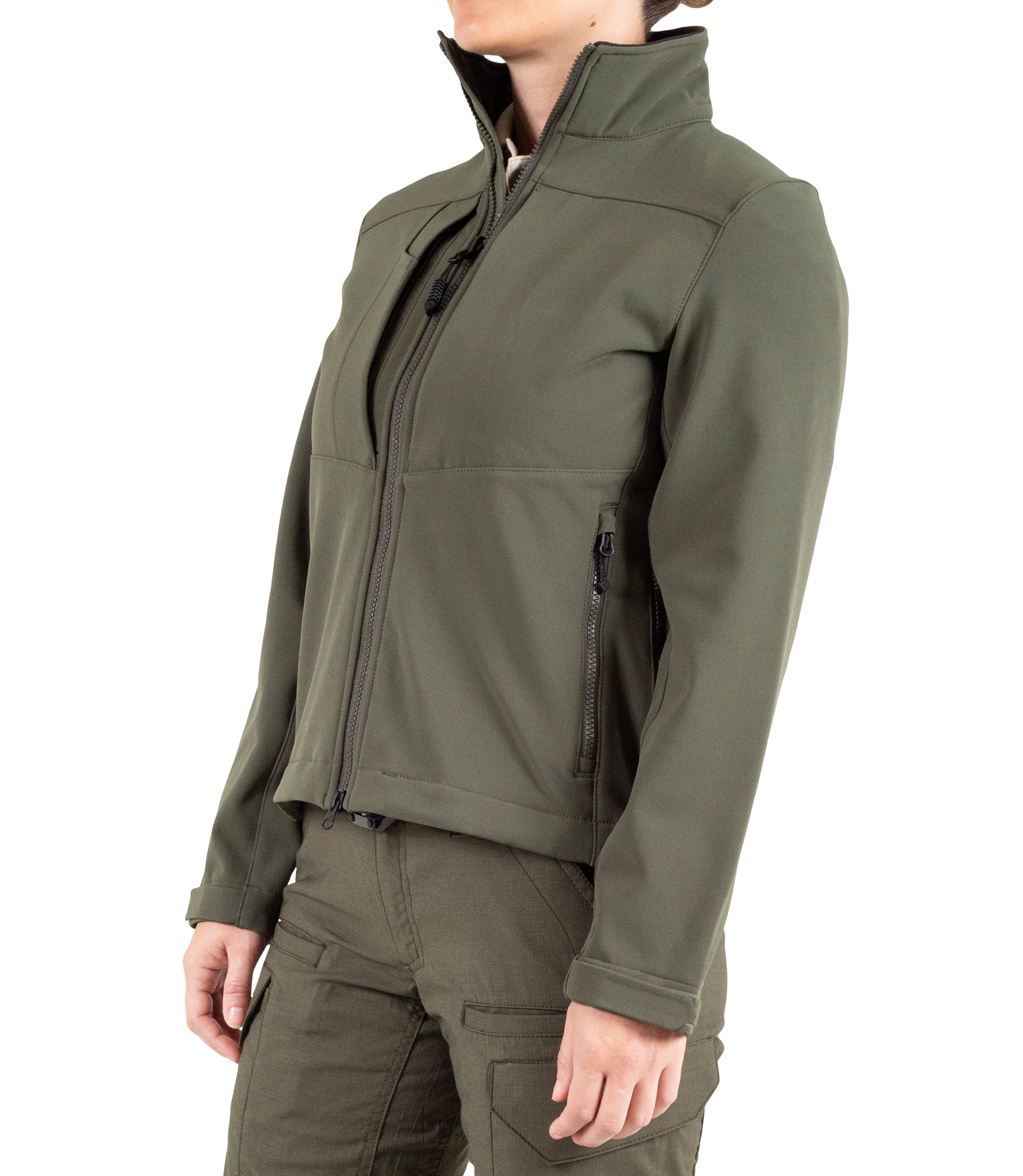Left front side view of Womens Tactix Softshell Jacket in OD Green|color_od green