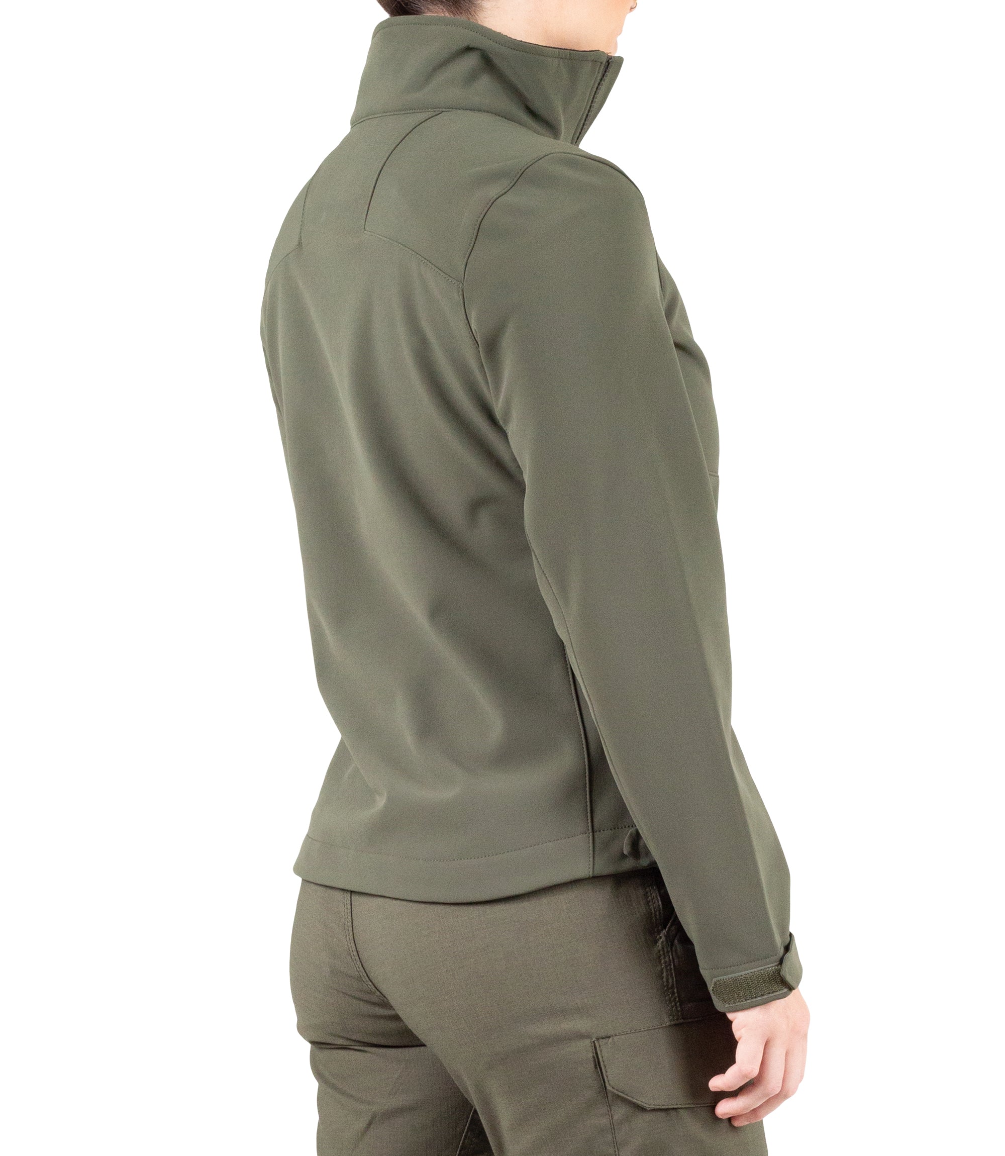 Right back side view of Womens Tactix Softshell Jacket in OD Green|color_od green
