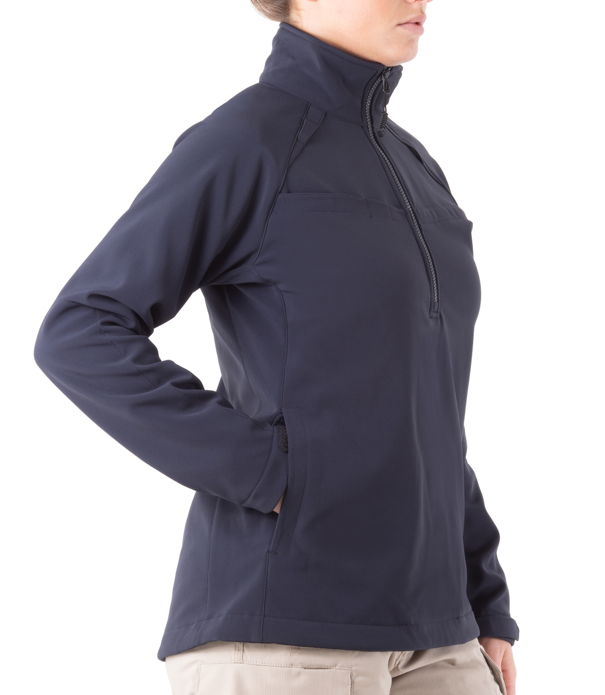 Front side view of Women's Softshell Pullover in Midnight Navy|color_midnight navy