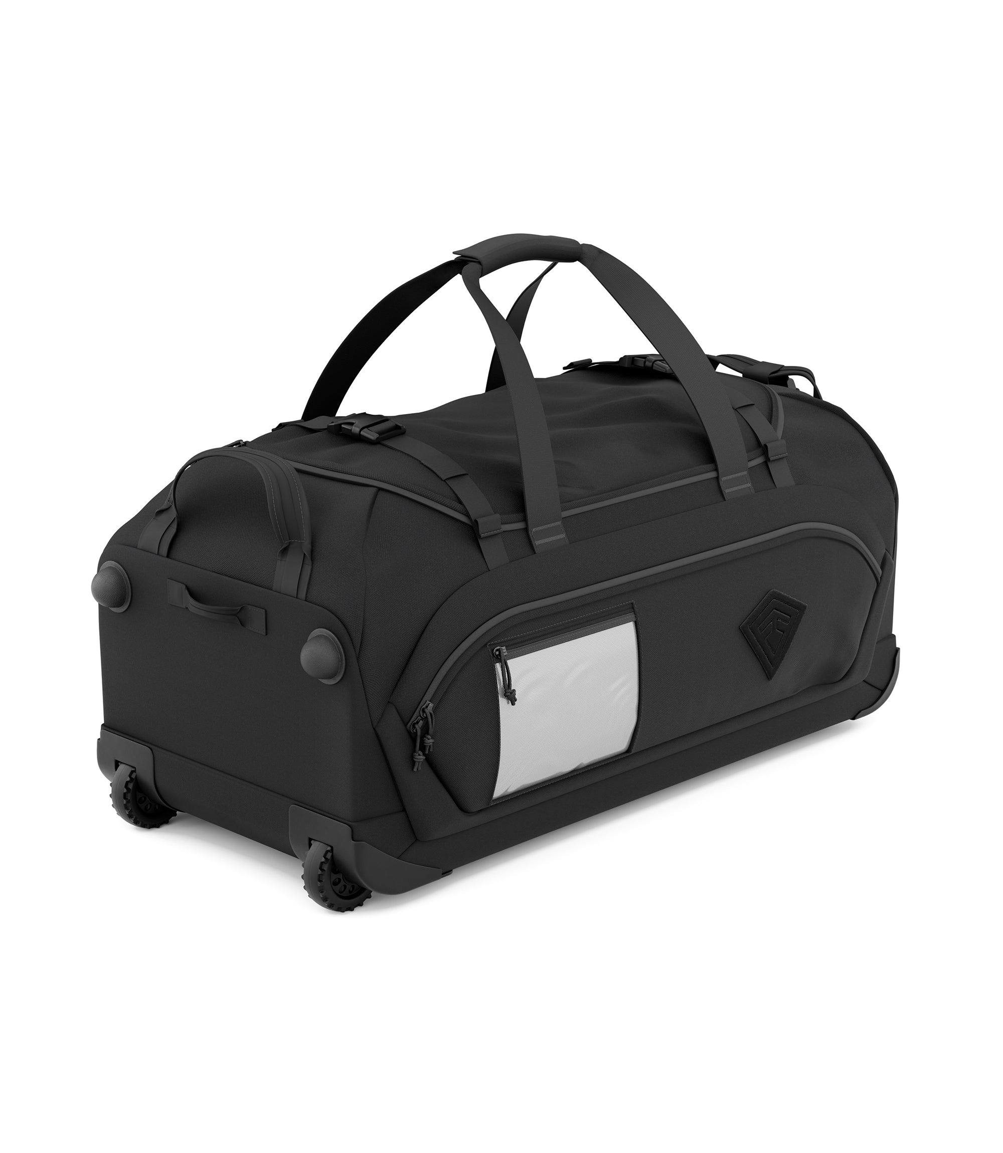 Angled view of black Specialist Rolling Duffle showing logo side, wheels and carry handles |color_black