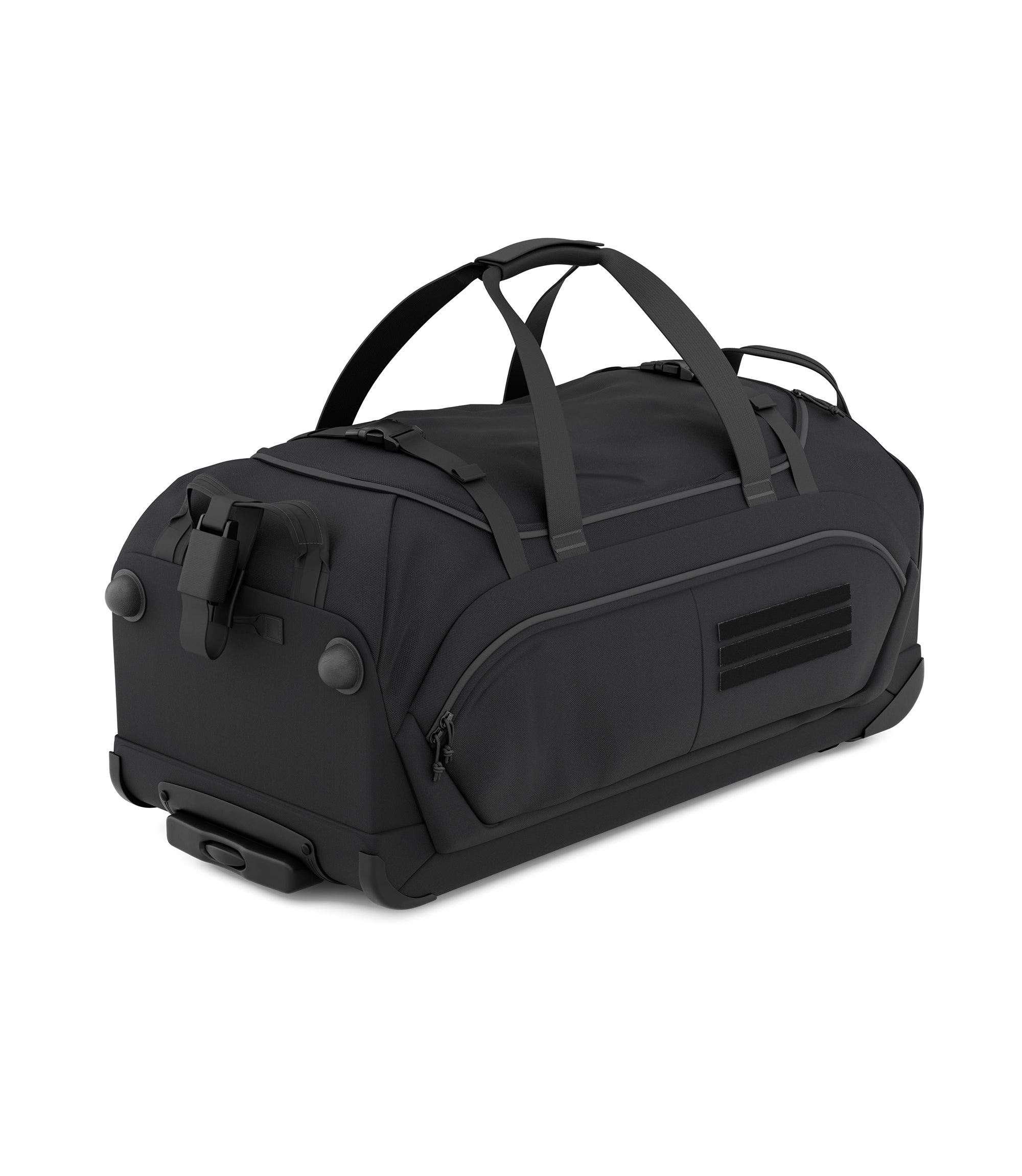 Angled view of black Specialist Rolling Duffle showing loop panel side and reinforced base |color_black
