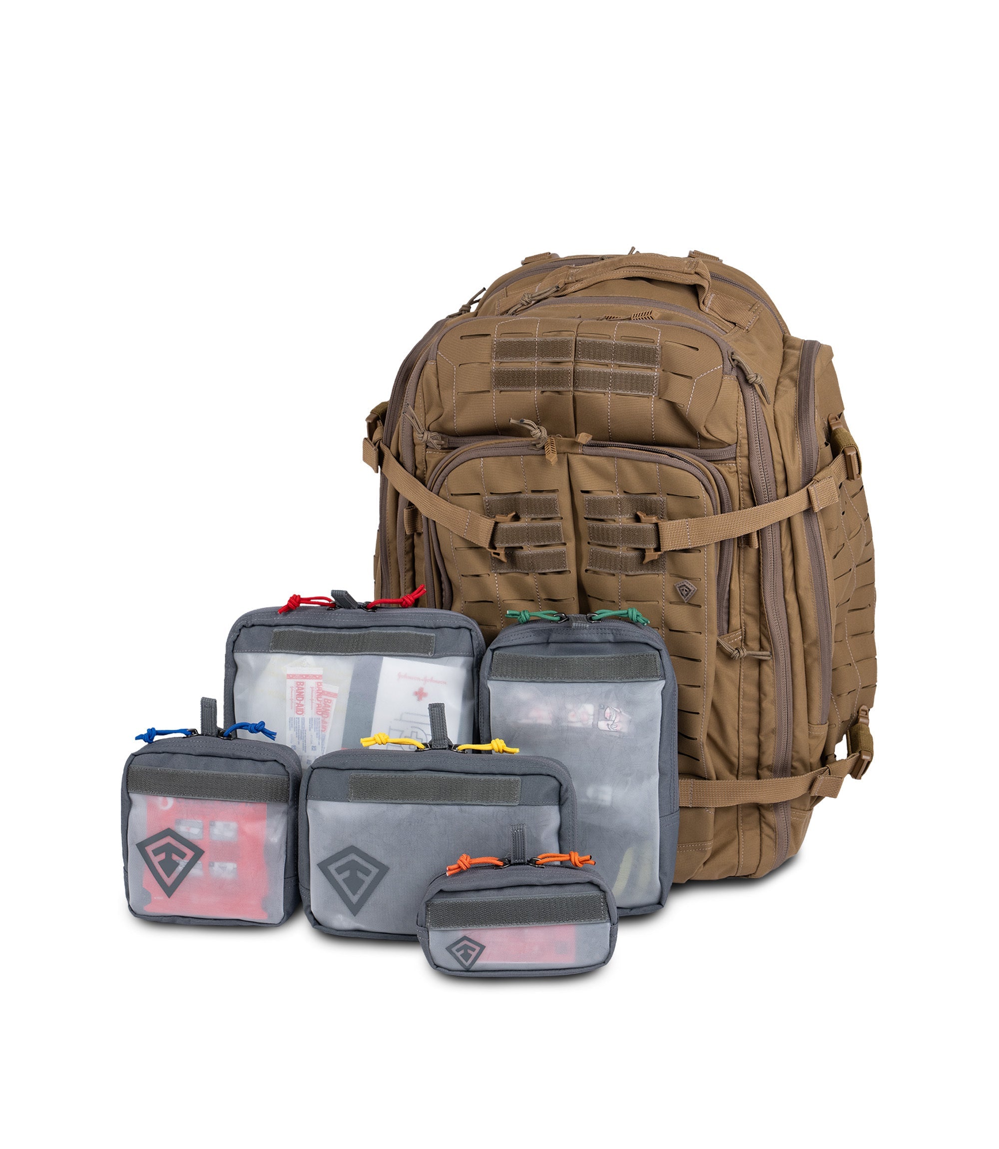Front view of group shot of all pouches with backpack