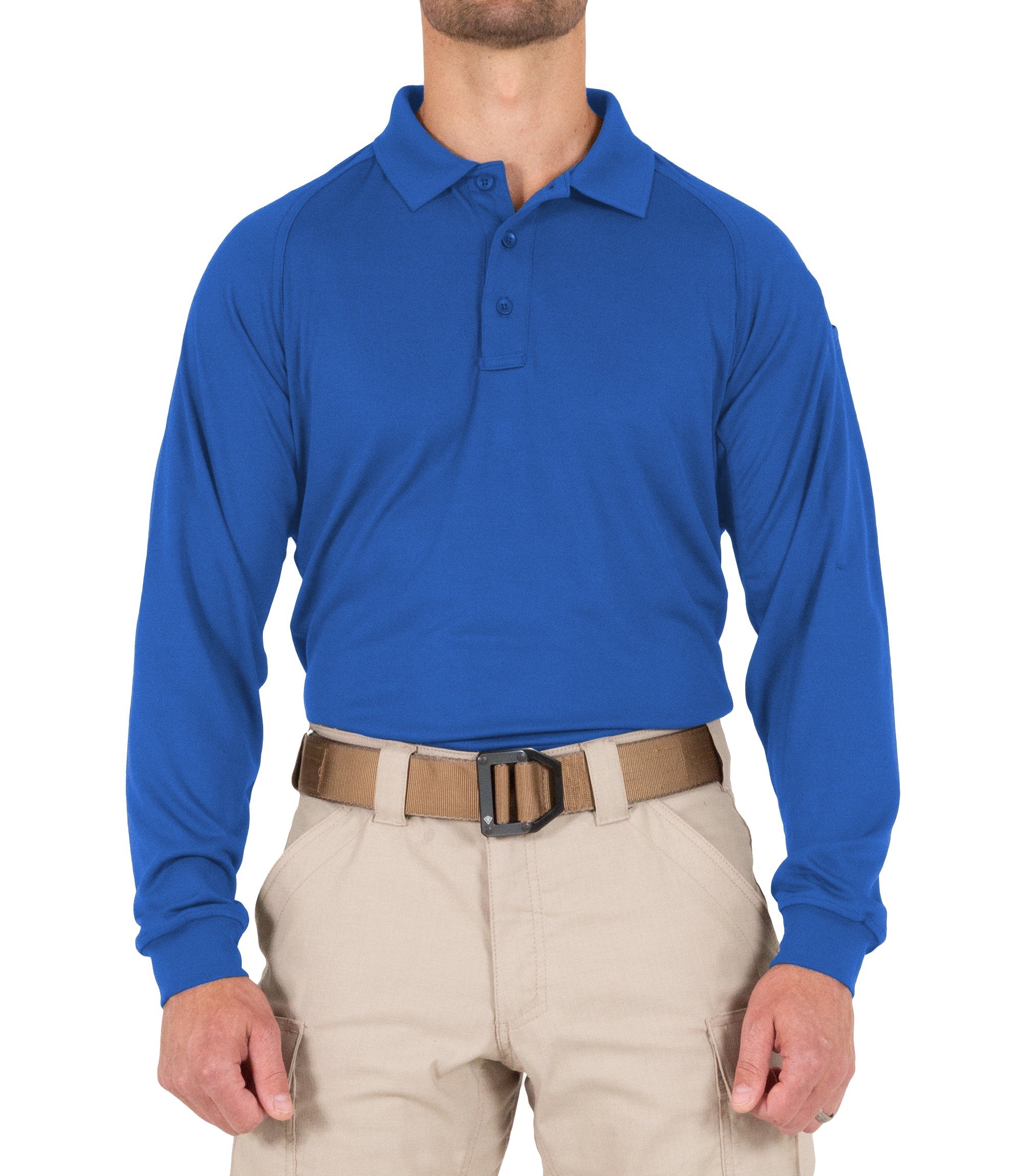 Front of Men's Performance Long Sleeve Polo in Academy Blue |color_academy blue