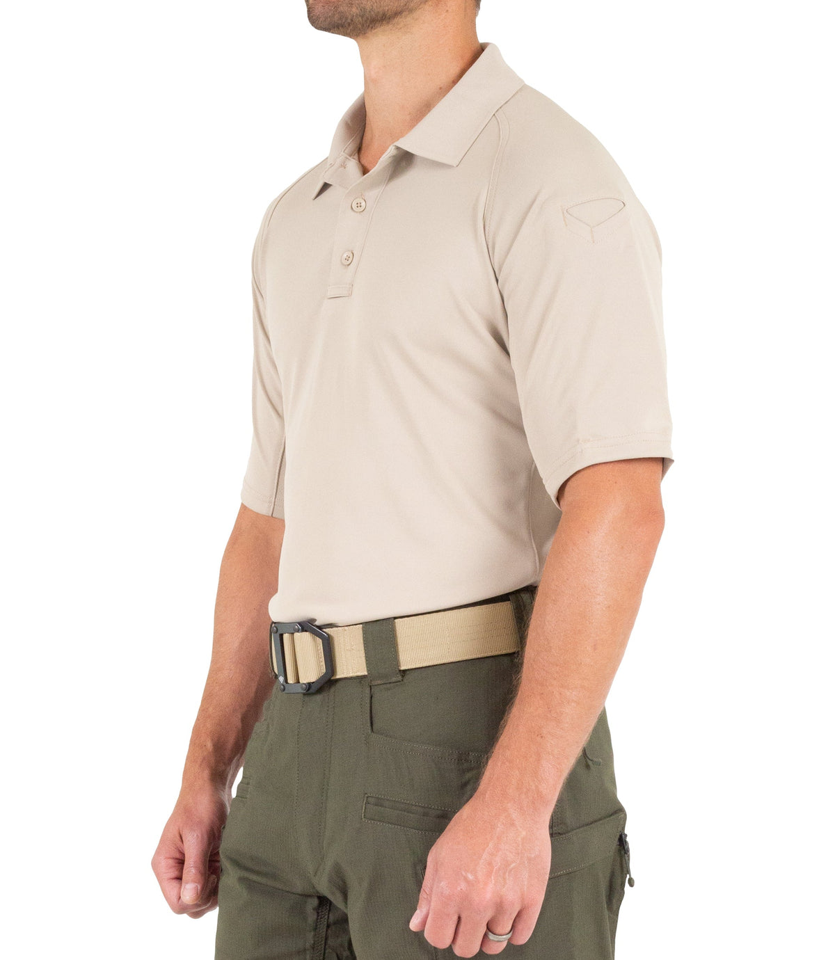 Side of Men's Performance Short Sleeve Polo in Khaki |color_khaki